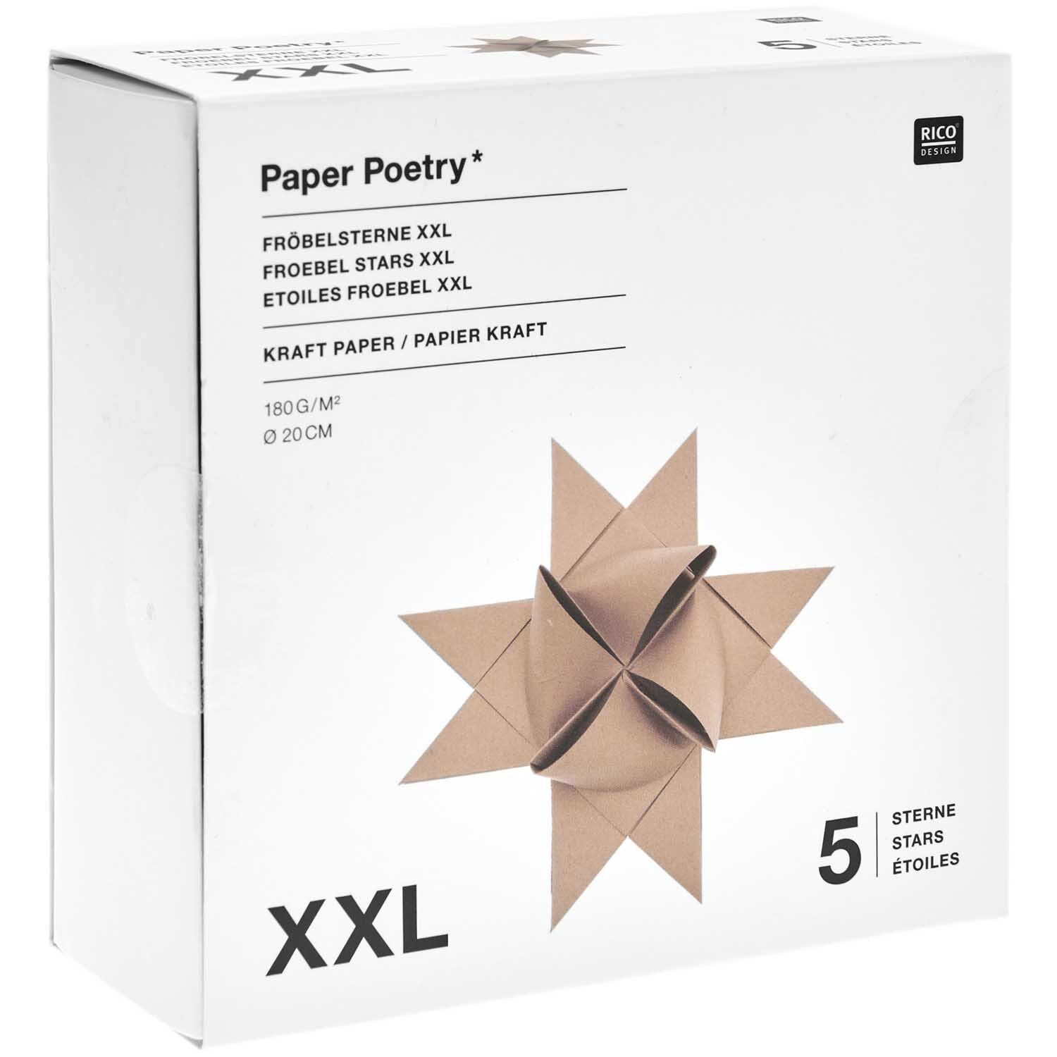 Paper Poetry Fröbelstreifen XXL 180g/m2 20 pièces Couleur Papier kraft from Rico Design Paper Poetry Fröbelstreifen XXL 180g/m2 20 Stück, Kraftpapier, ideal für kreative Bastelprojekte. Verpackung zeigt gefalteten Stern.