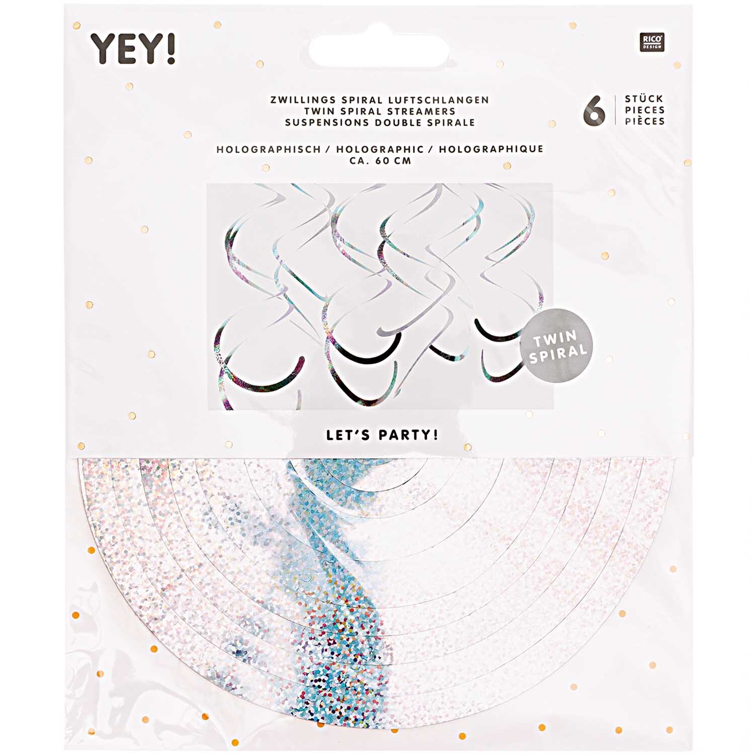 Serpentins en spirale 60cm 6 pièces Couleur Holographique blanc from Rico Design Spiralluftschlangen 60cm 6 Stück von Rico Design, holographisch-weiße Deko für Partys.