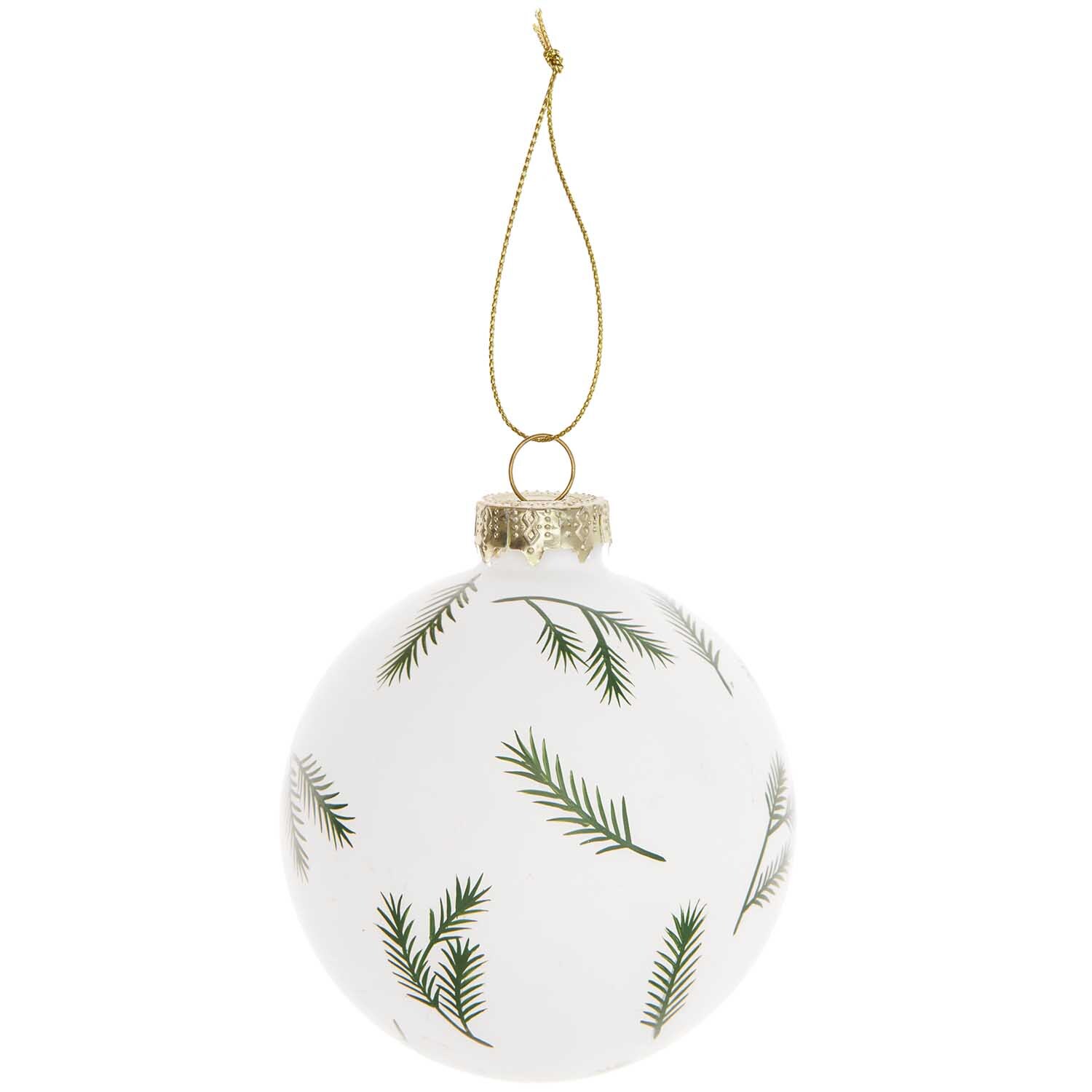 Glaskugel Baumschmuck mit Tannenzweigen, Ø 8cm, von Rico Design. Weiße Kugel mit grünen Zweigen.