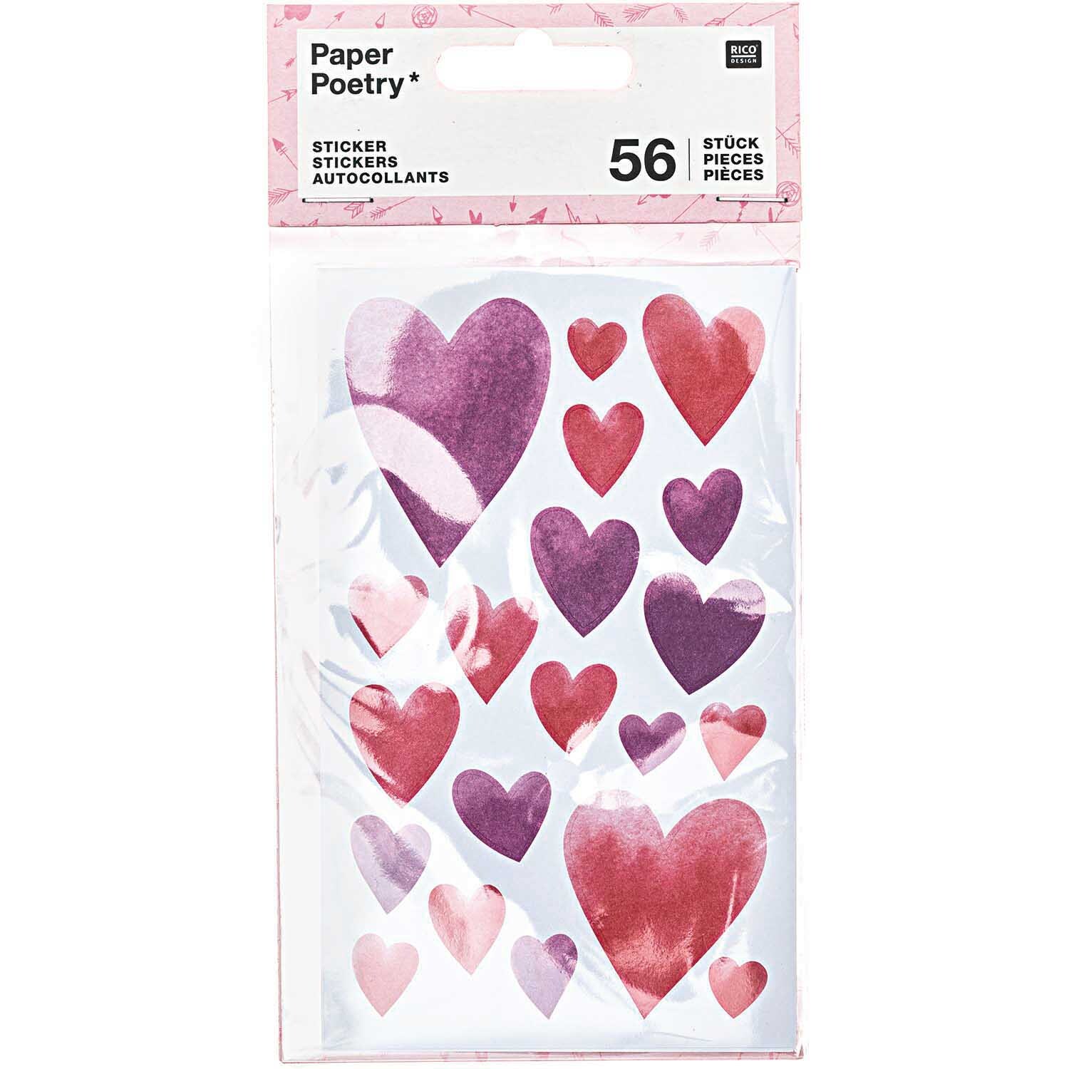 Paper Poetry Sticker It must be love Herzen aquarell. Verschiedene Herzsticker in Rosa- und Lilatönen auf vier Blättern.