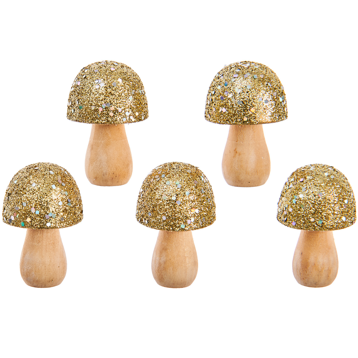 Kleine Holz Pilze Glitter/Irisierend 5 Stück, 3,5x2,4cm Farbe Gold von Rico Design Kleine Holz Pilze Glitter/Irisierend, 5 Stück, 3,5x2,4cm. Goldene Glitzerkappen, ideal für Dekorationen.