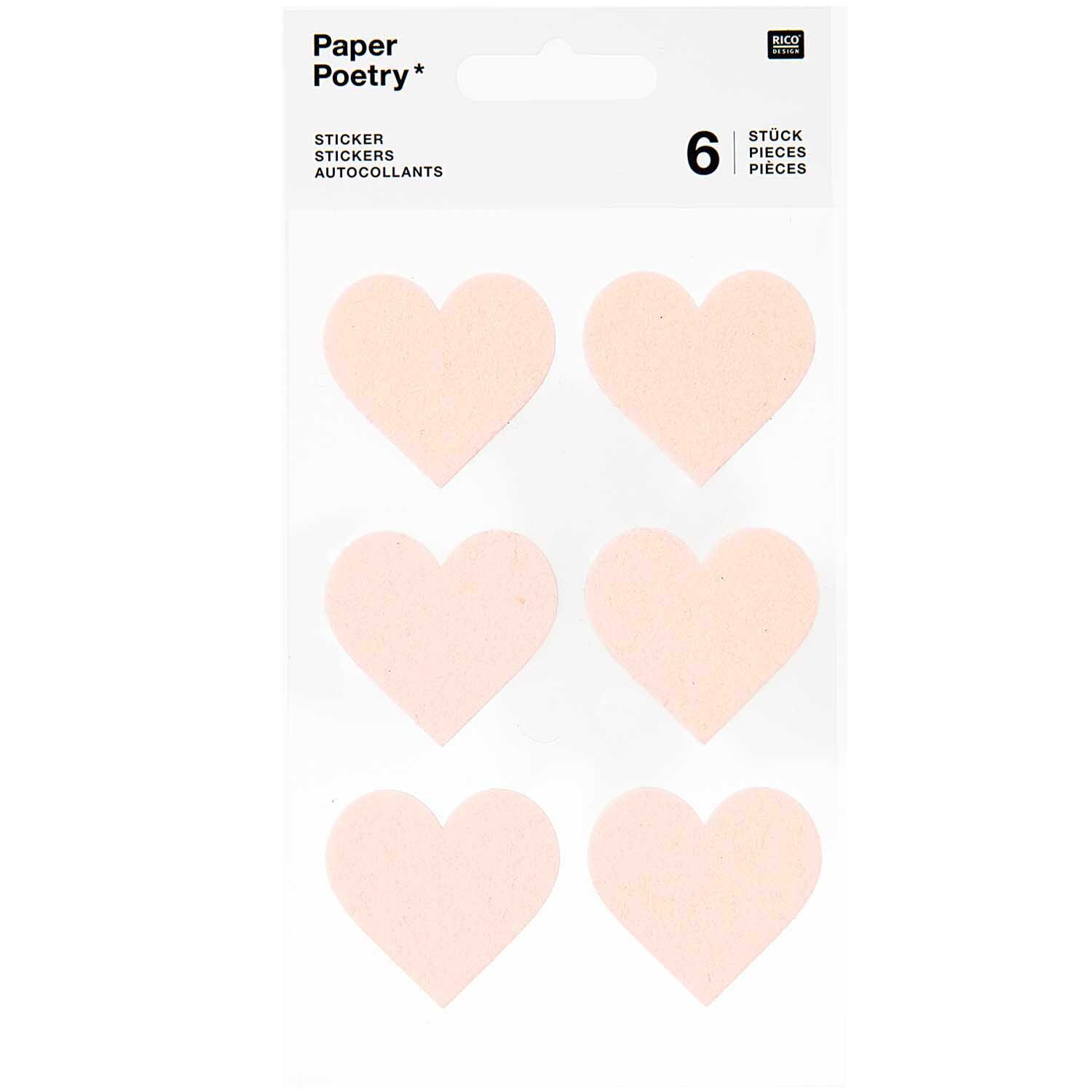 Paper Poetry Filzsticker Herzen groß 1 Blatt Farbe Puder von Rico Design Paper Poetry Filzsticker Herzen groß, 6 pudrige Herzsticker auf einem Blatt von Rico Design.