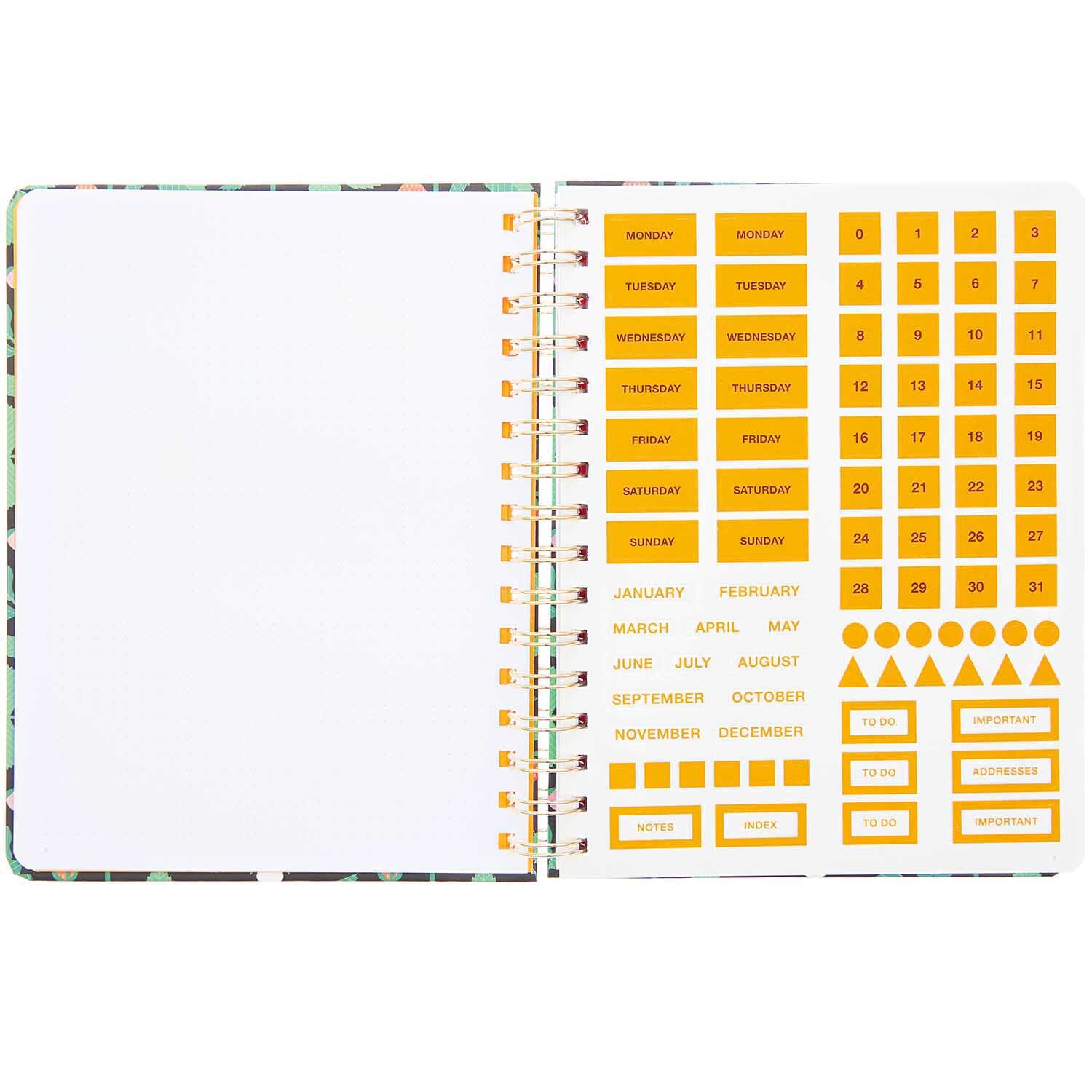 Paper Poetry Bullet Diary Spiralbindung Only Good Things DIN A5 164 Seiten von Rico Design Paper Poetry Bullet Diary mit Spiralbindung und 164 Seiten, zeigt offene Seiten mit bunten Stickern. Ideal für kreative Planung.