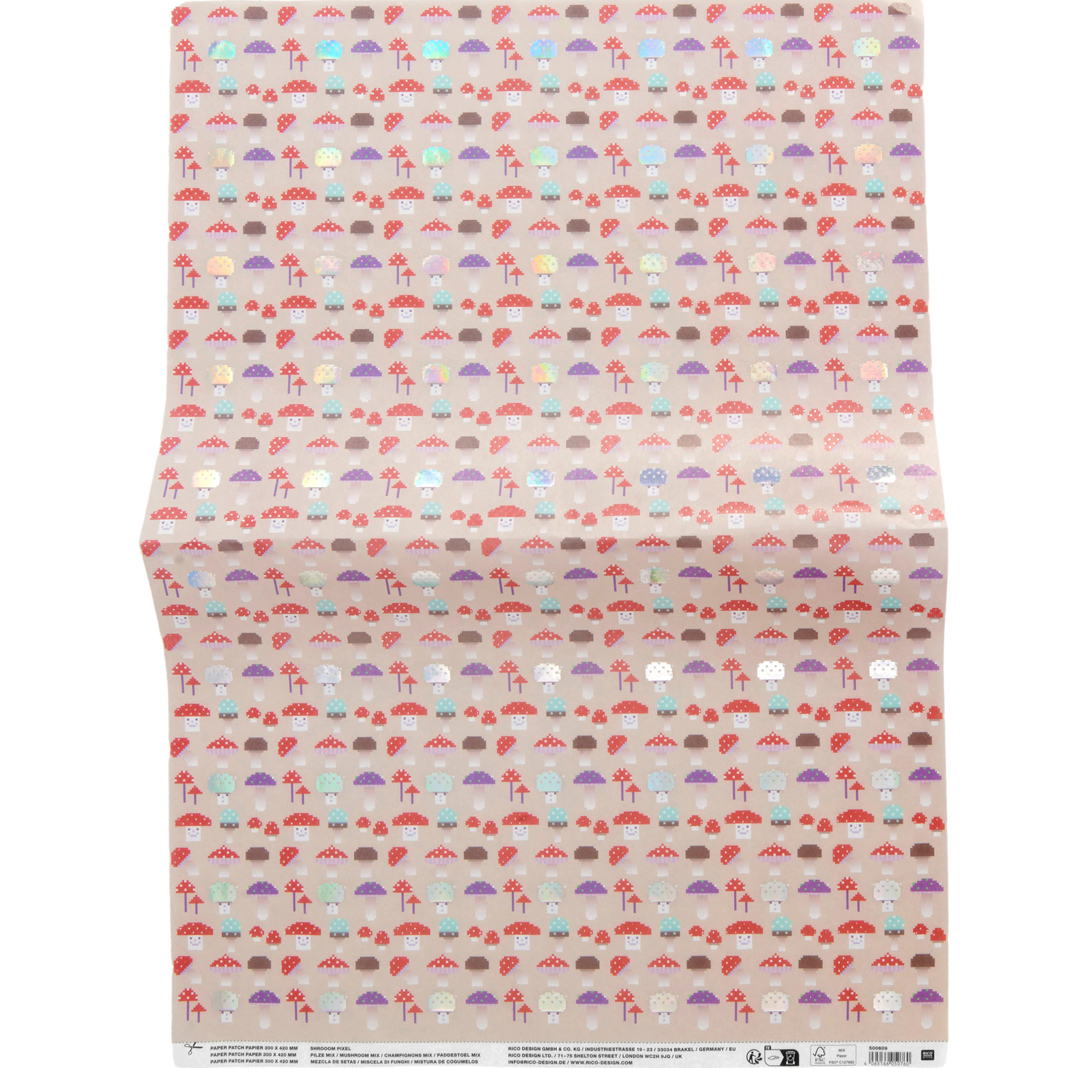 Paper Patch Papier Shrooom Pixel Pilze, buntes Design mit kleinen Pilzen auf beigem Hintergrund, 30x42cm. Ideal für kreative Bastelprojekte.