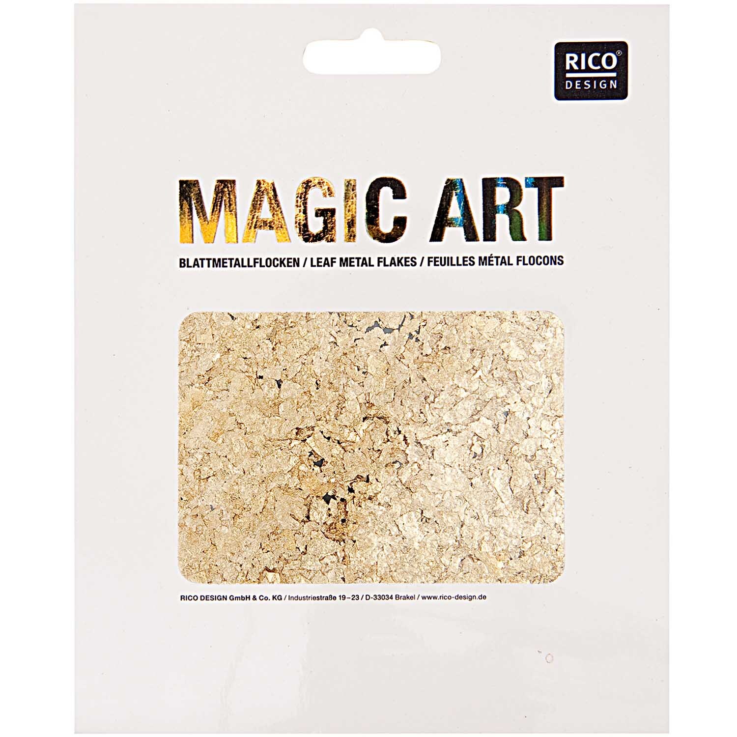 Magic Art Blattmetall-Flocken von Rico Design in Gold, ideal für kreative Bastelprojekte.