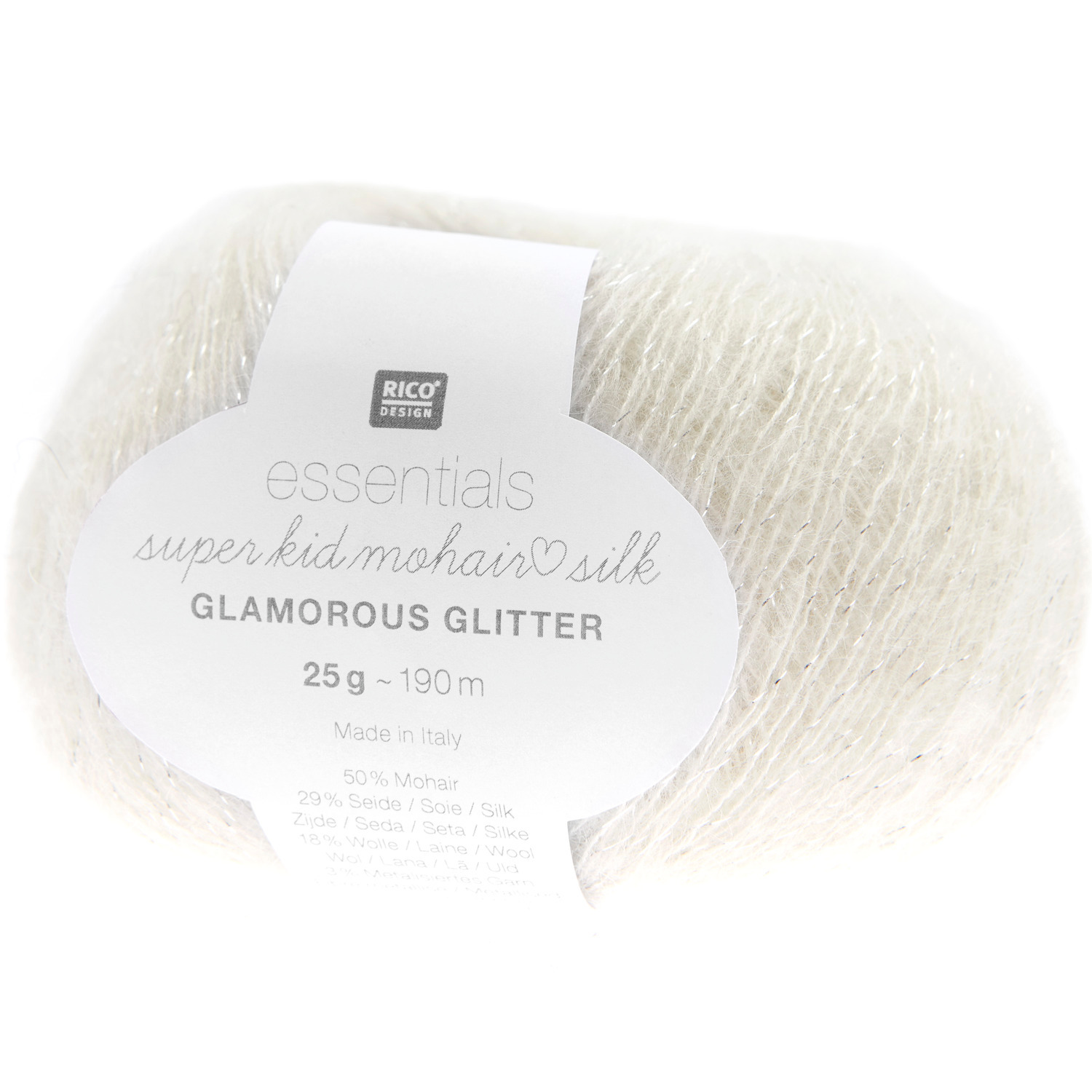 Essentials Super Kid Mohair Loves Silk Glamorous Glitter Strickset zeigt cremefarbenes Garn von Rico Design, ideal für elegante Tücher.