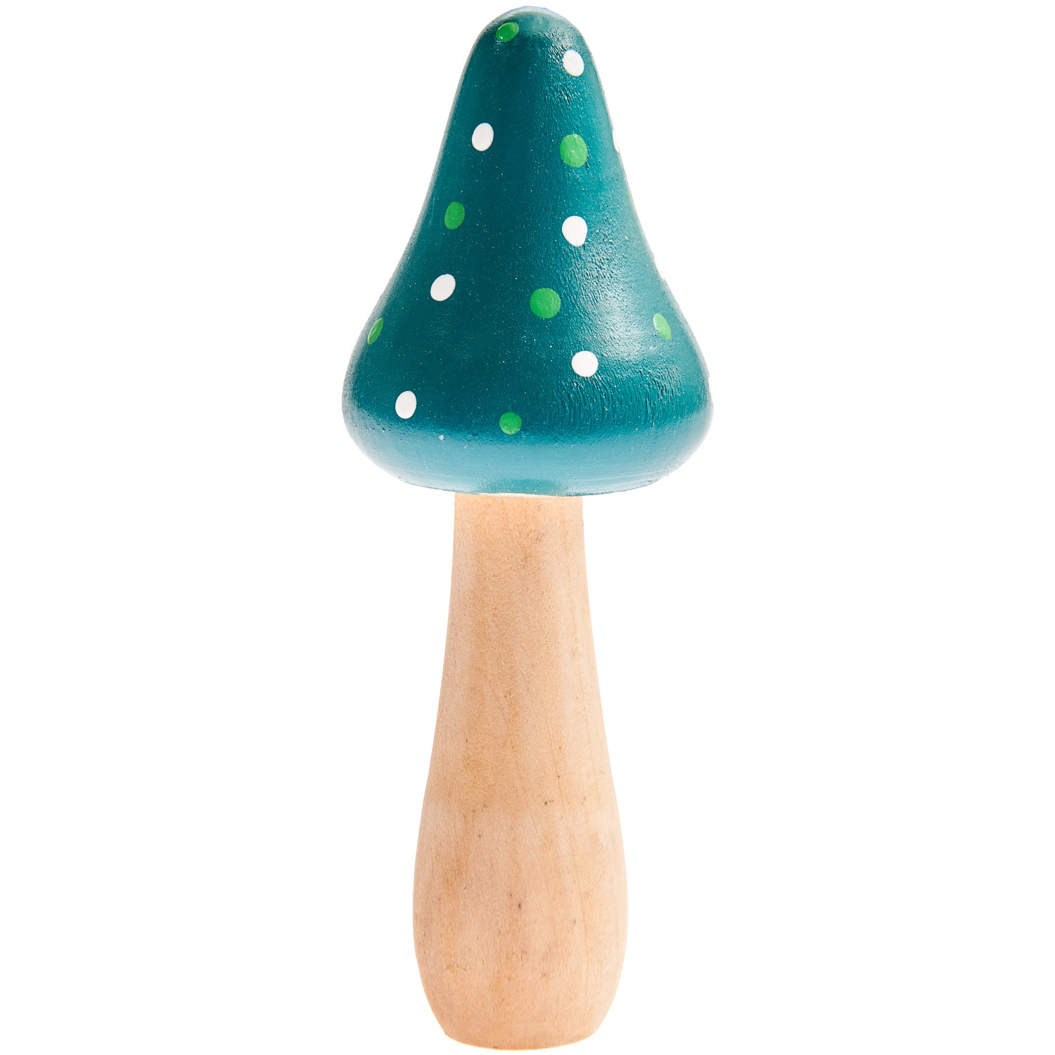 Fliegenpilz aus Holz Mittelgroß 11xØ4cm Farbe Türkis von Rico Design Fliegenpilz aus Holz Mittelgroß, türkis mit weißen und grünen Punkten, 11xØ4cm, dekorativ.