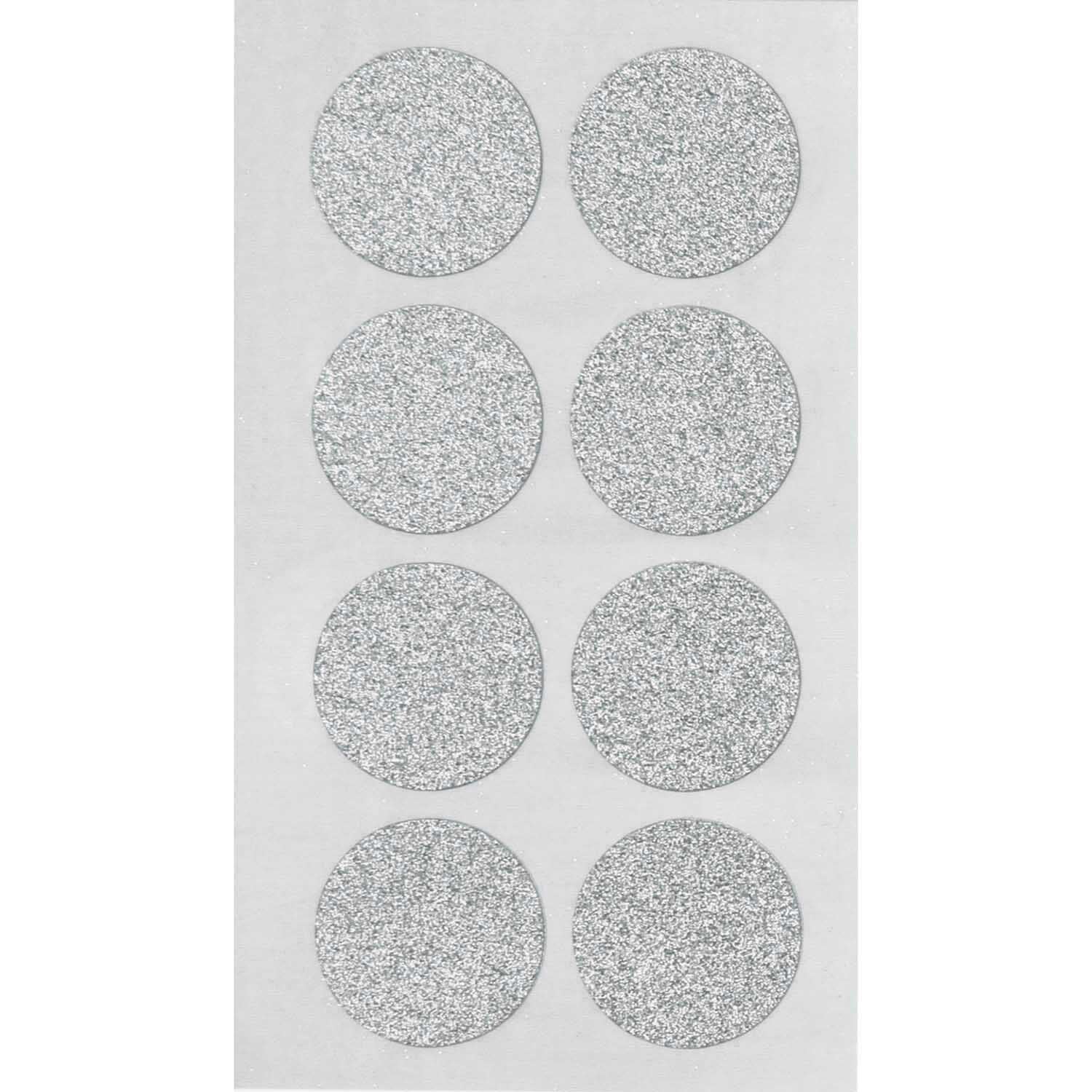 Paper Poetry Sticker Kreise Glitter silber, 8 glänzende Kreise auf weißem Hintergrund, ideal für kreative Projekte. Marke: Rico Design.