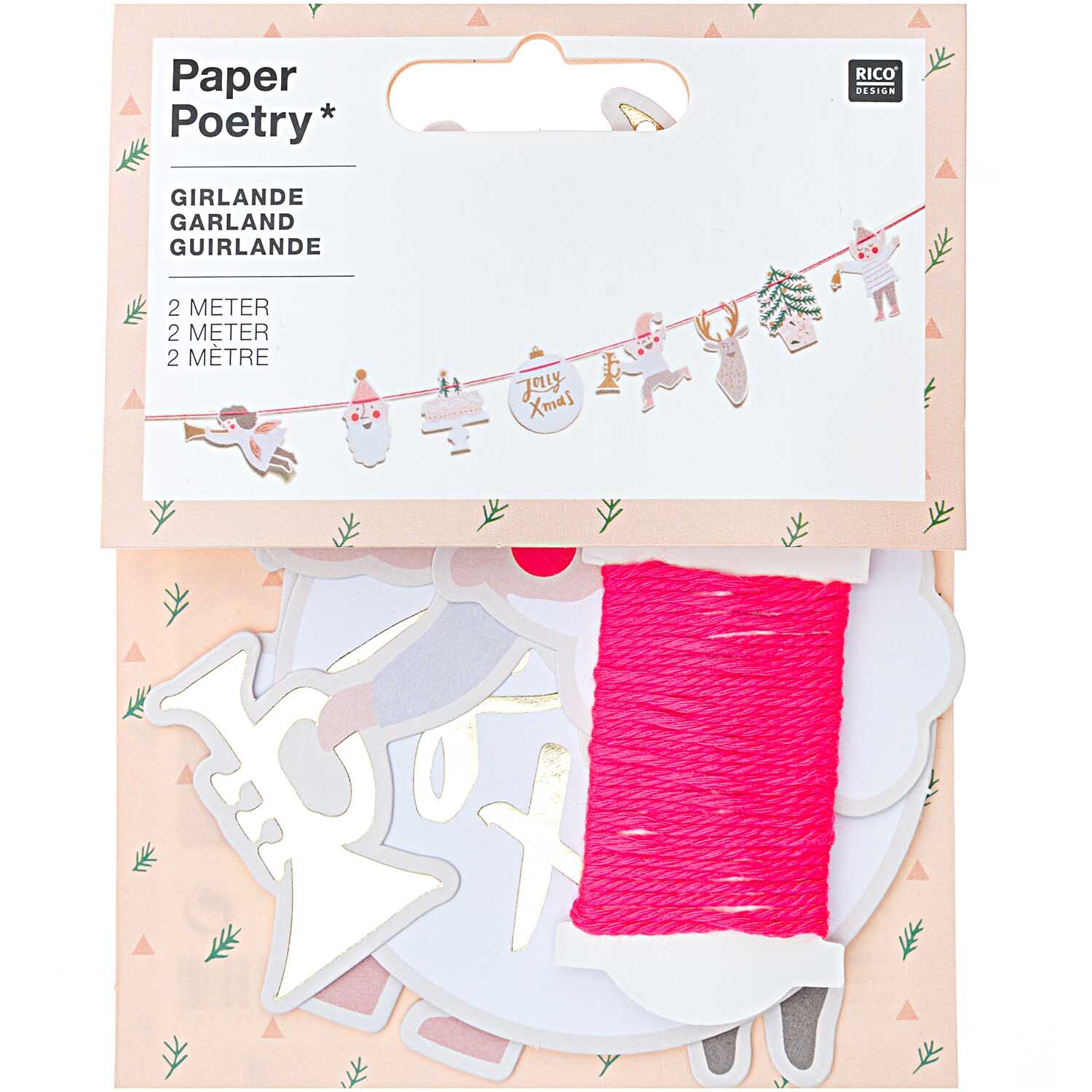 Paper Poetry Girlande Jolly Christmas pastell zeigt eine festliche Girlande mit weihnachtlichen Motiven und pinkem Faden von Rico Design.