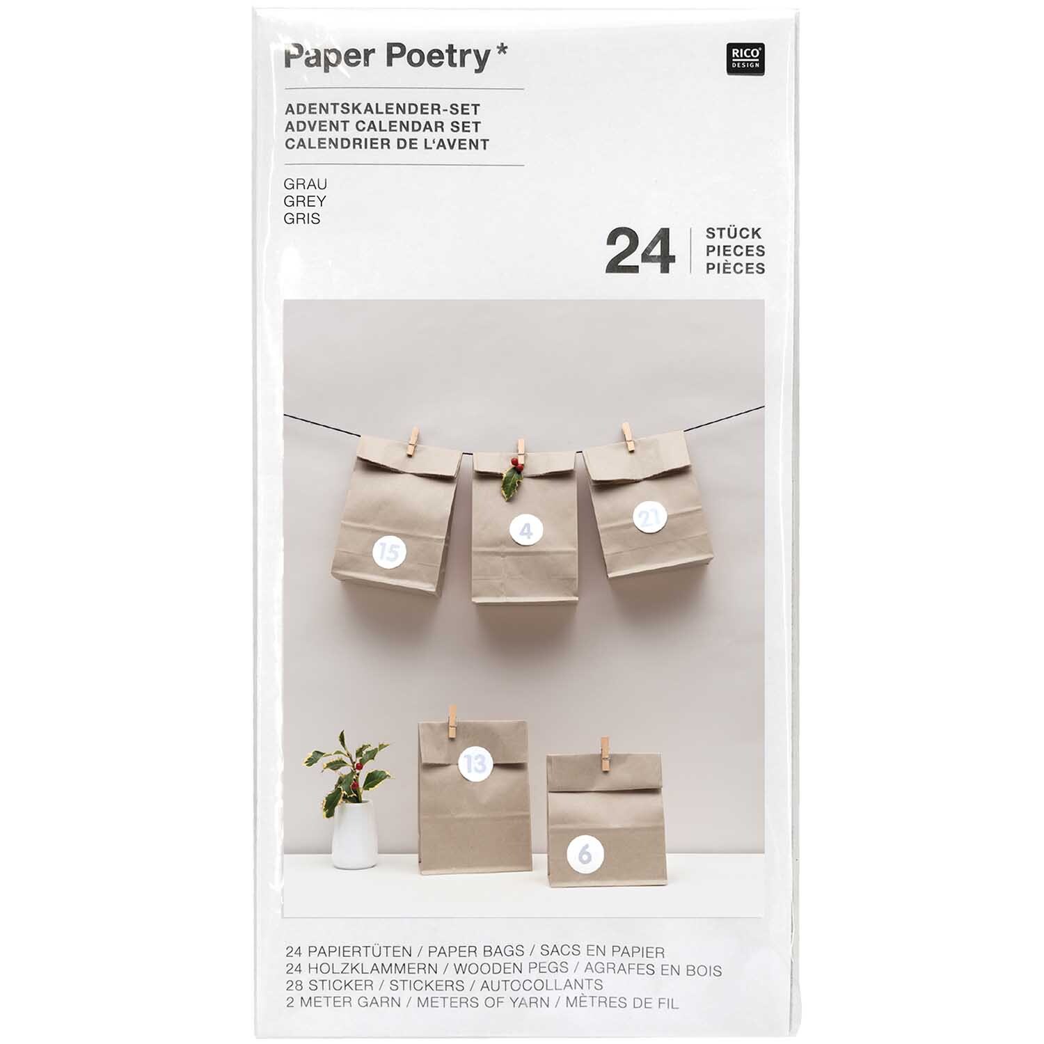 Paper Poetry Adventskalenderset grau 24 Tüten inkl. Zubehör von Rico Design