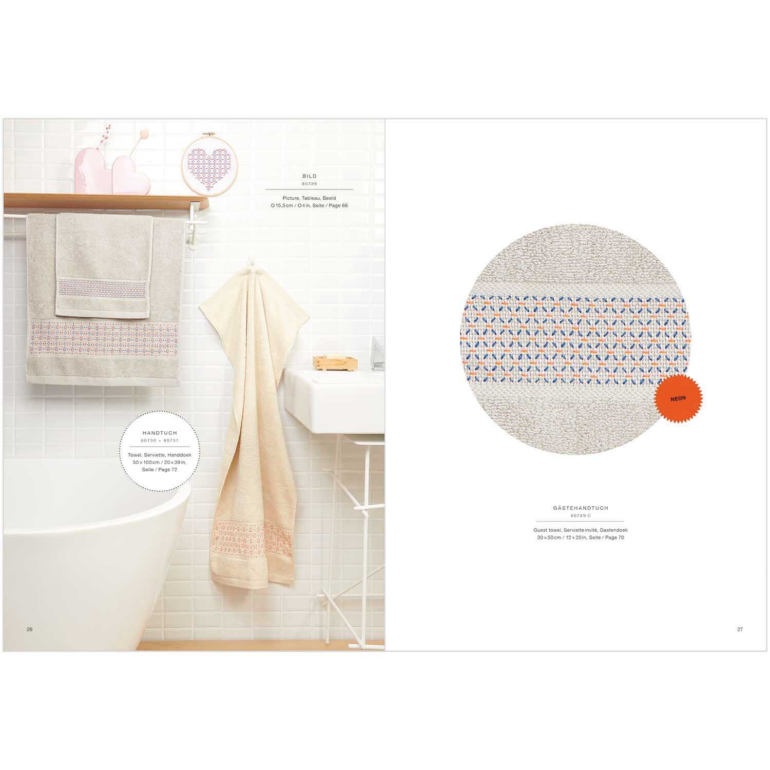 Livret de broderie Happy Baby No. 179 from Rico Design Stickbuch Happy Baby Nr. 179 zeigt ein Badezimmer mit bestickten Handtüchern von Rico Design.