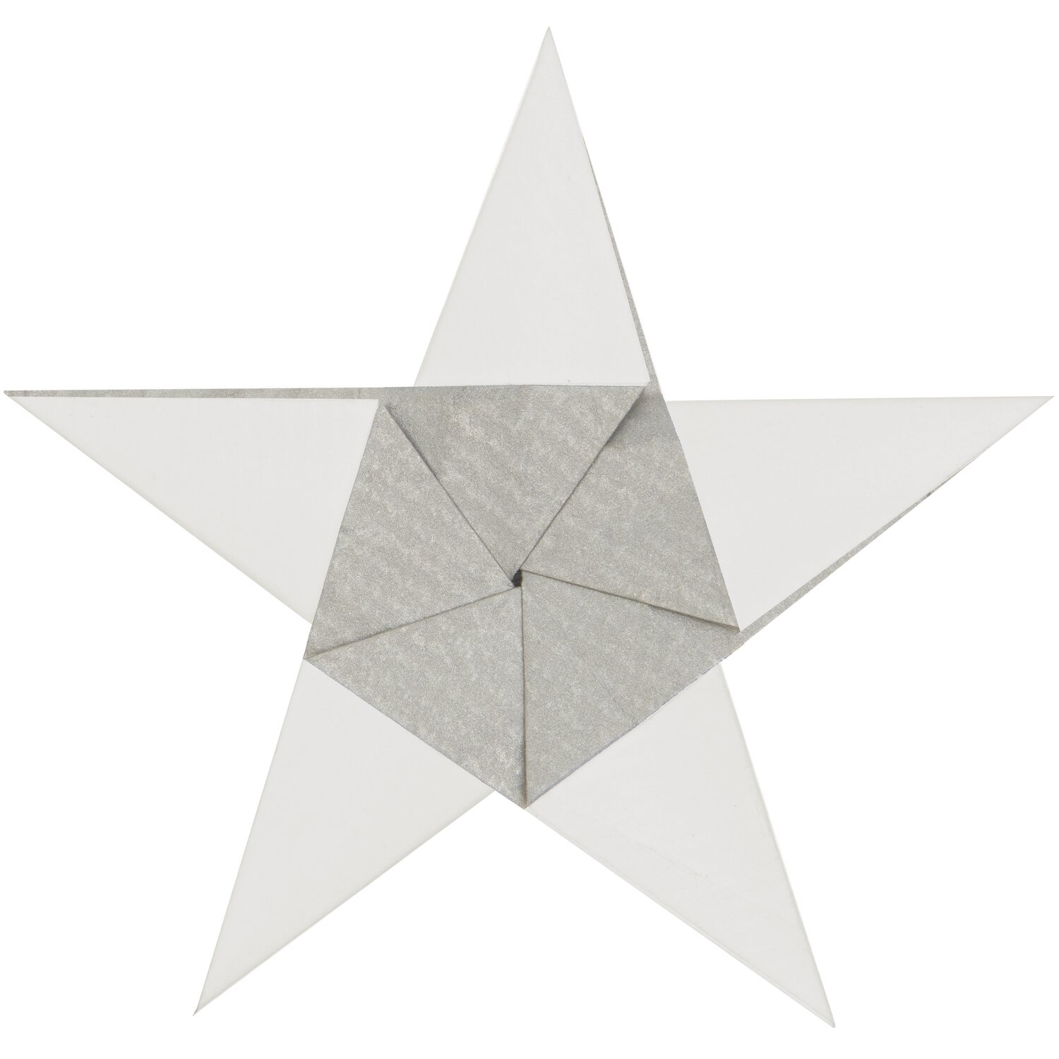 Paper Poetry Bascetta Origamipapiere in Weiß-Silber, gefaltet zu einem eleganten Stern. Ideal für kreative Bastelprojekte.
