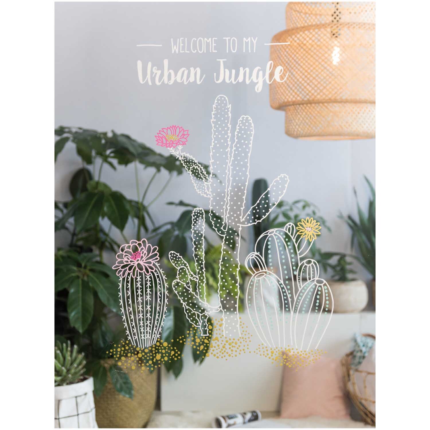 Kreidestifte Flüssigkreide Set Celebration 3mm 4 Farben von Rico Design Kreidestifte Flüssigkreide Set Celebration 3mm 4 Farben: Fenster mit Kaktuszeichnung und Text "Welcome to my Urban Jungle" in einem gemütlichen Raum.