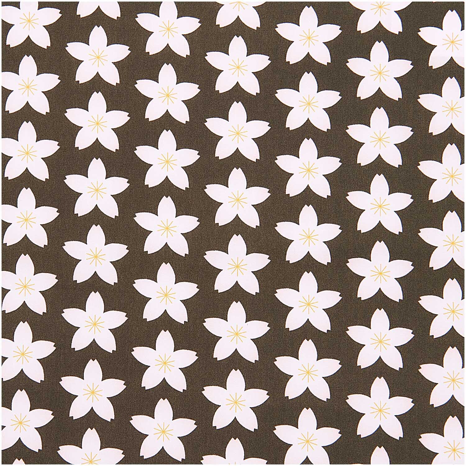 Meterware Baumwoll-Popelin mit Kirschblütenmuster von Rico Design. Weiße Blüten auf olivfarbenem Hintergrund.