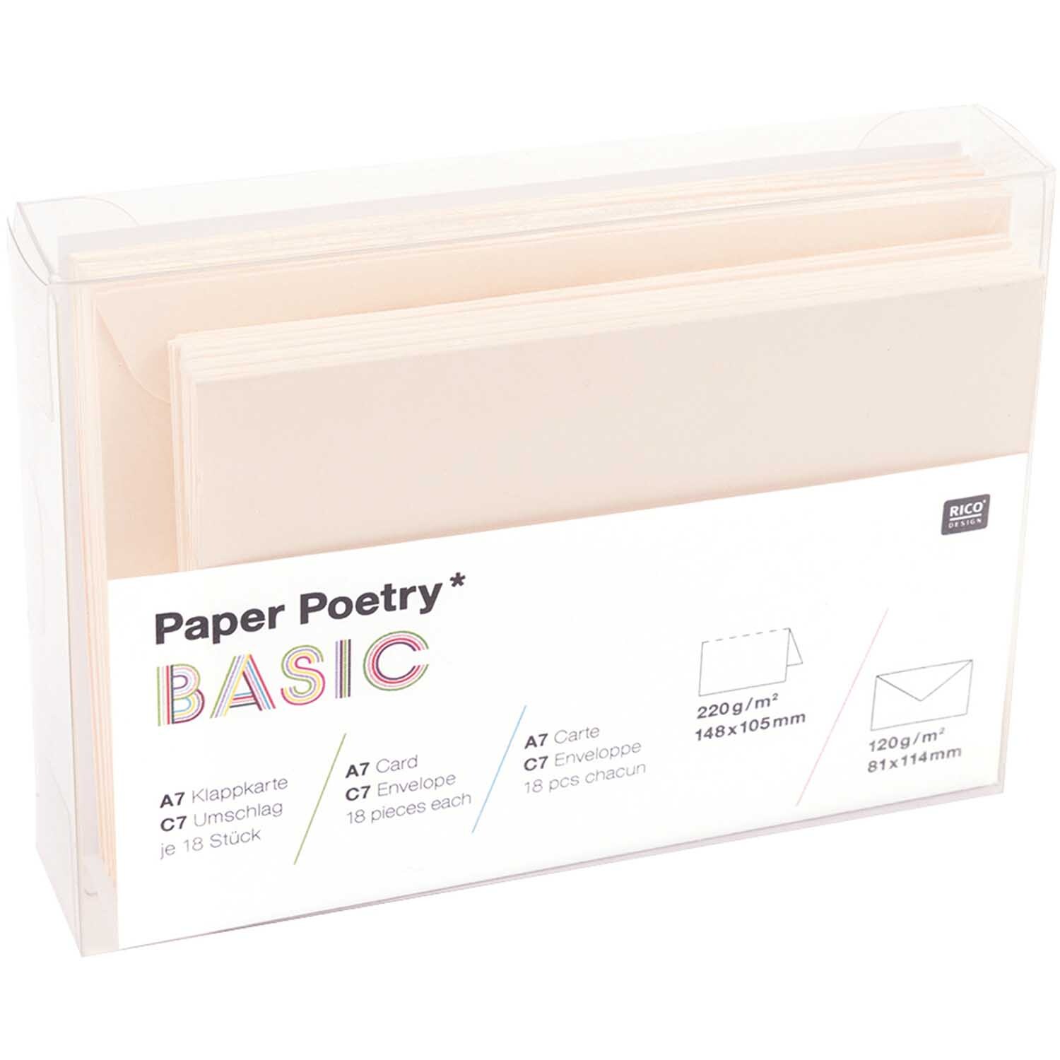 Paper Poetry Kartenset Basic elfenbein A7/C7, 30-teilig, von Rico Design, in einer transparenten Verpackung.