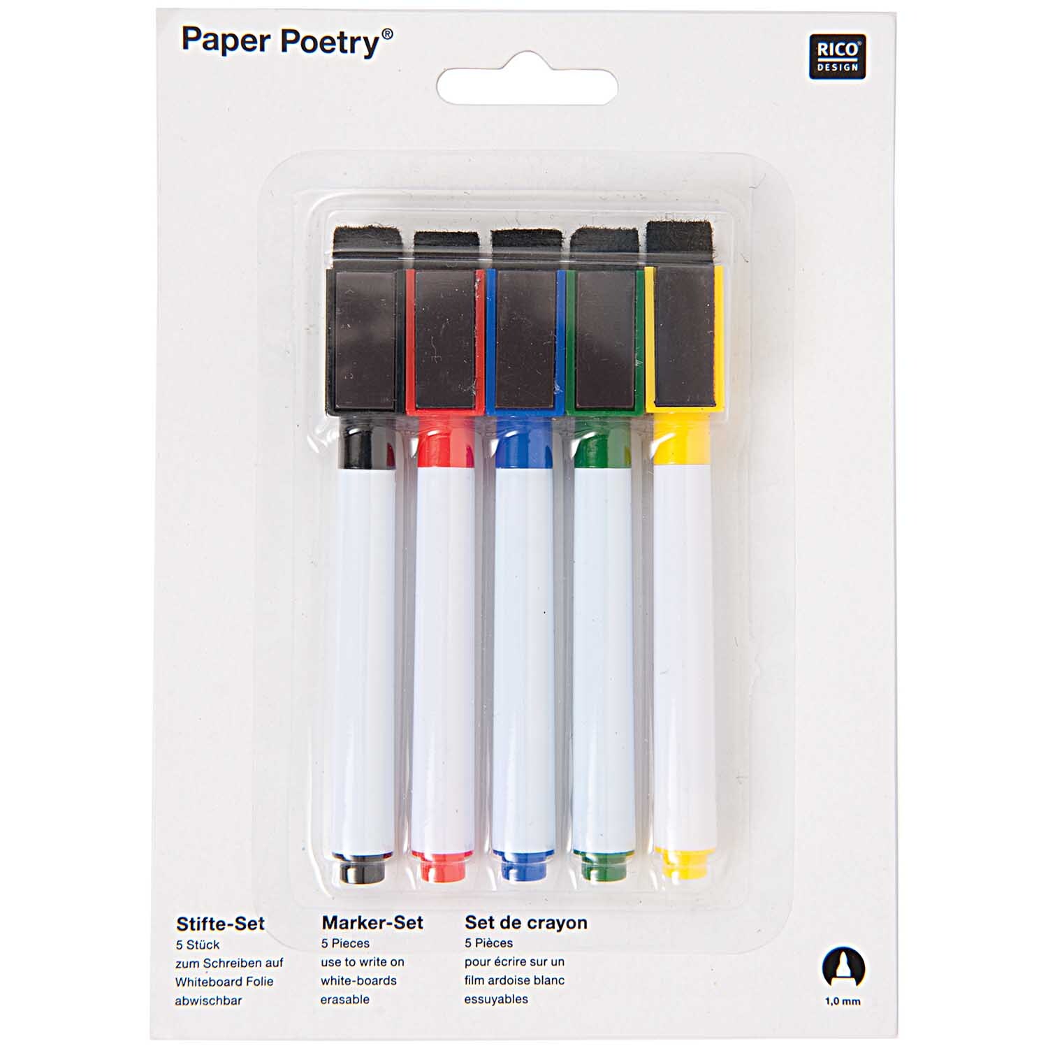 Paper Poetry Folienstifte für Whiteboardfolie, 5 Stück in verschiedenen Farben, von Rico Design. Ideal für kreative Präsentationen.