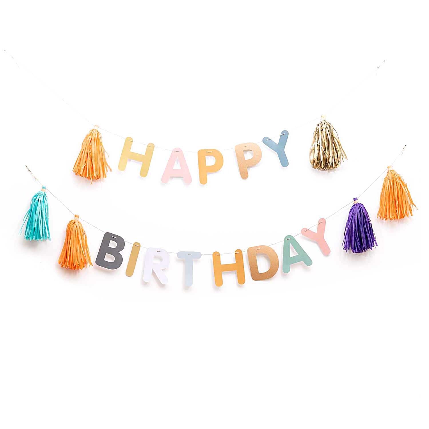 Paper Poetry DIY-Girlande Happy Birthday 3m: Bunte Buchstaben und Quasten in verschiedenen Farben auf weißem Hintergrund.