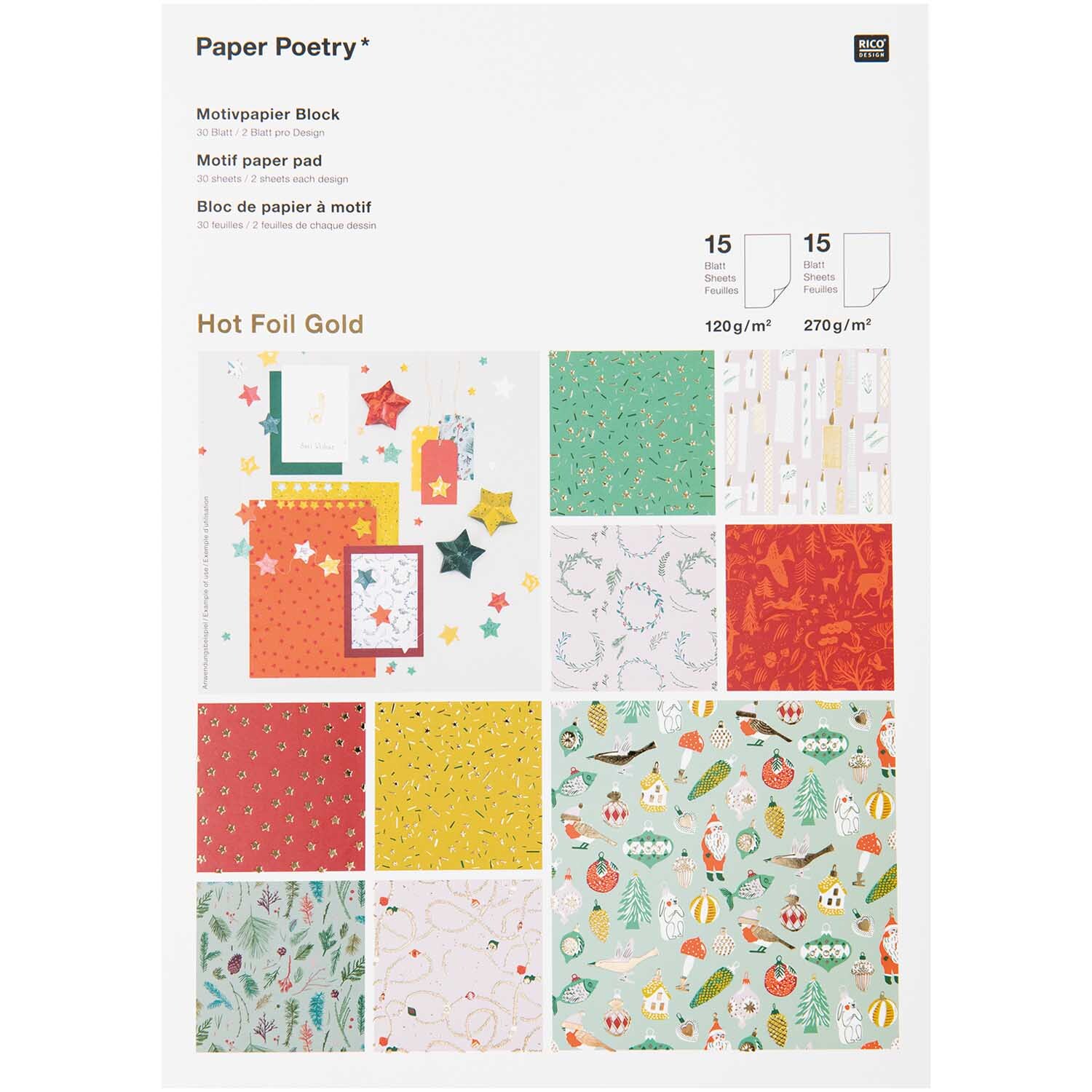 Paper Poetry Motivpapier Nostalgic Christmas classic mit 30 Blättern, zeigt bunte Weihnachtsmotive. Ideal für kreative Bastelprojekte.