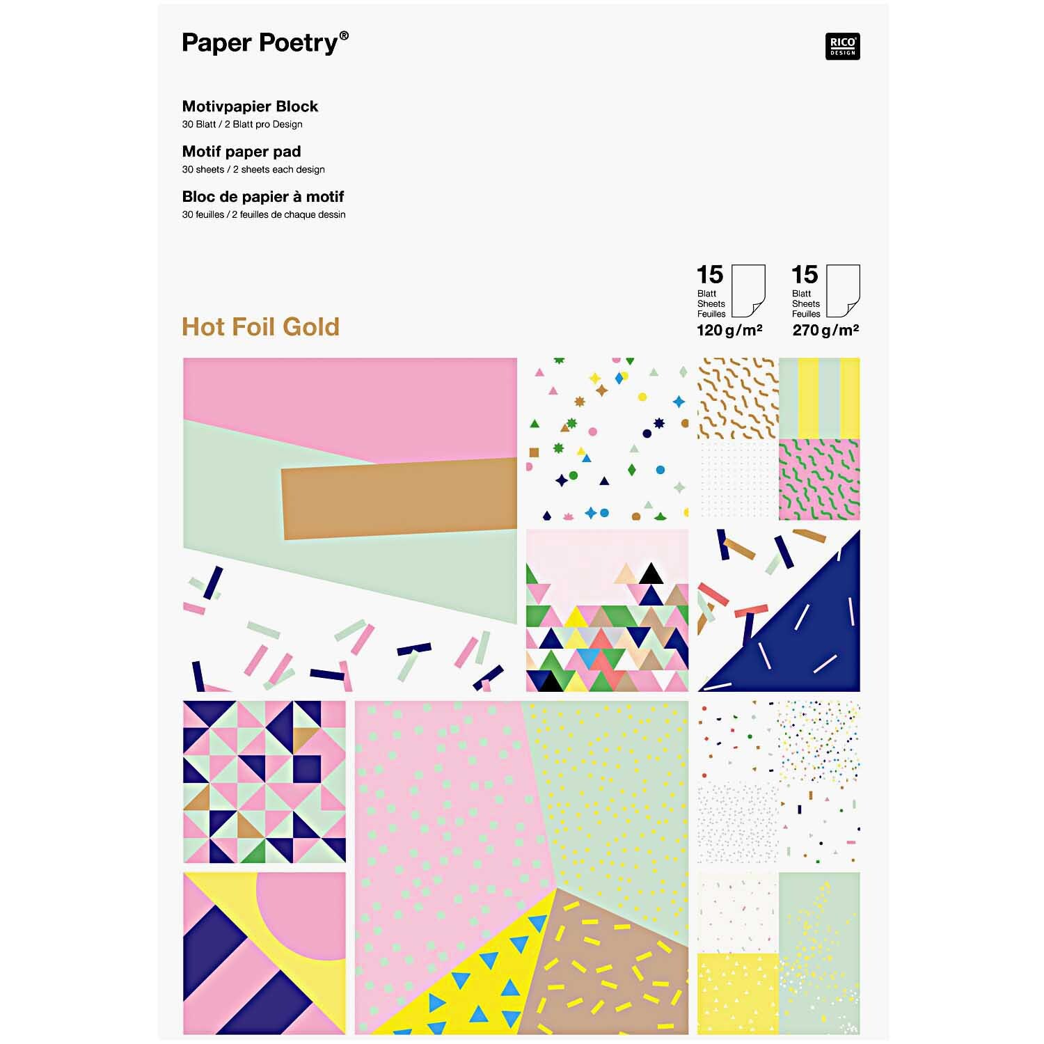 Paper Poetry Motivpapier Block zeigt bunte, geometrische Muster auf 30 Blättern mit Hot Foil Akzenten.