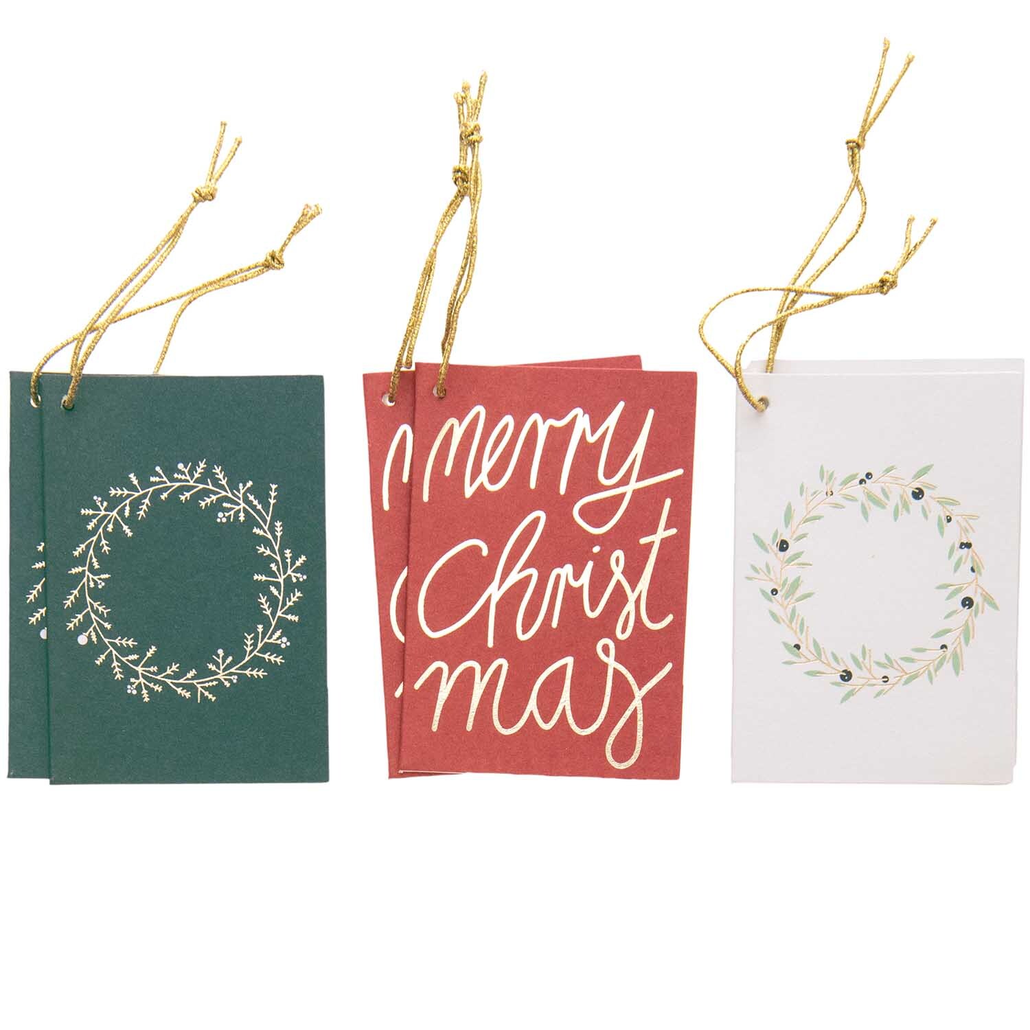 Paper Poetry Kärtchenanhänger Merry Christmas, 6 Stück, mit festlichen Designs und goldenen Bändern. Ideal für Geschenke.