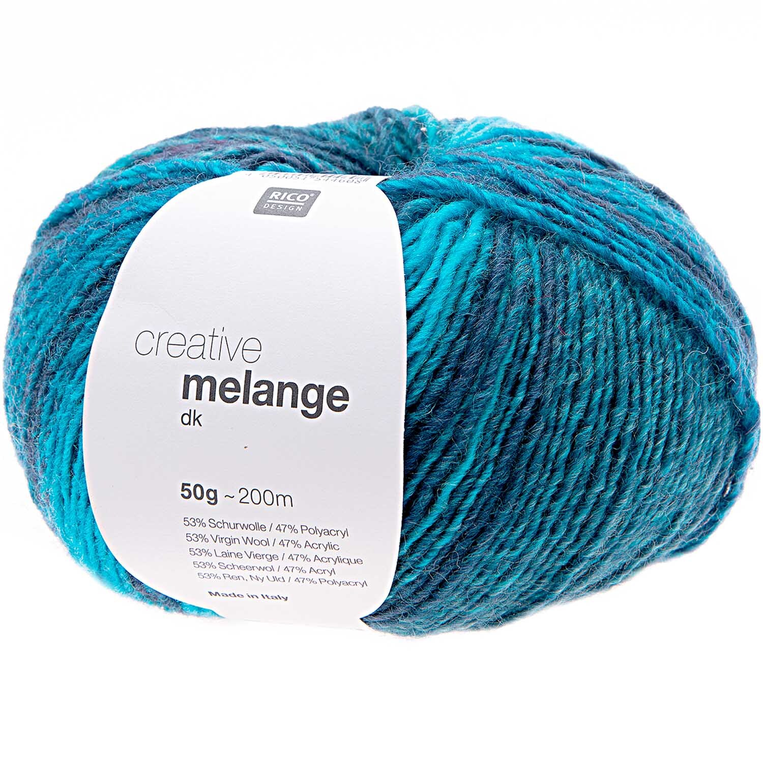 Creative Melange dk 50g 195m Couleur Aqua Mix from Rico Design Creative Melange dk: Weiches Garn in Aqua Mix von Rico Design, 50g Knäuel mit 195m Lauflänge.