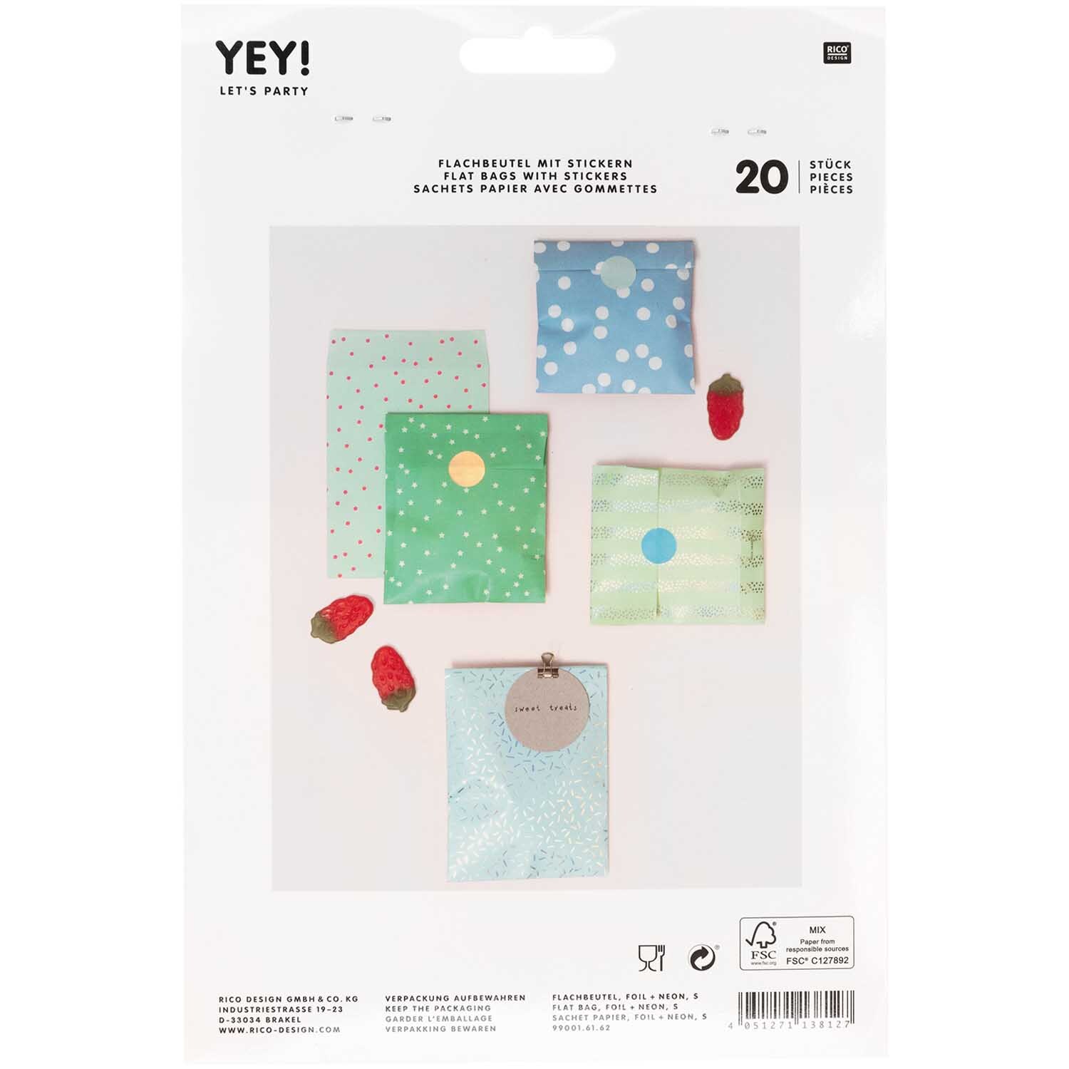 Flachbeutel mit Stickern in verschiedenen Designs, 20 Stück, von Rico Design. Enthält bunte Muster.