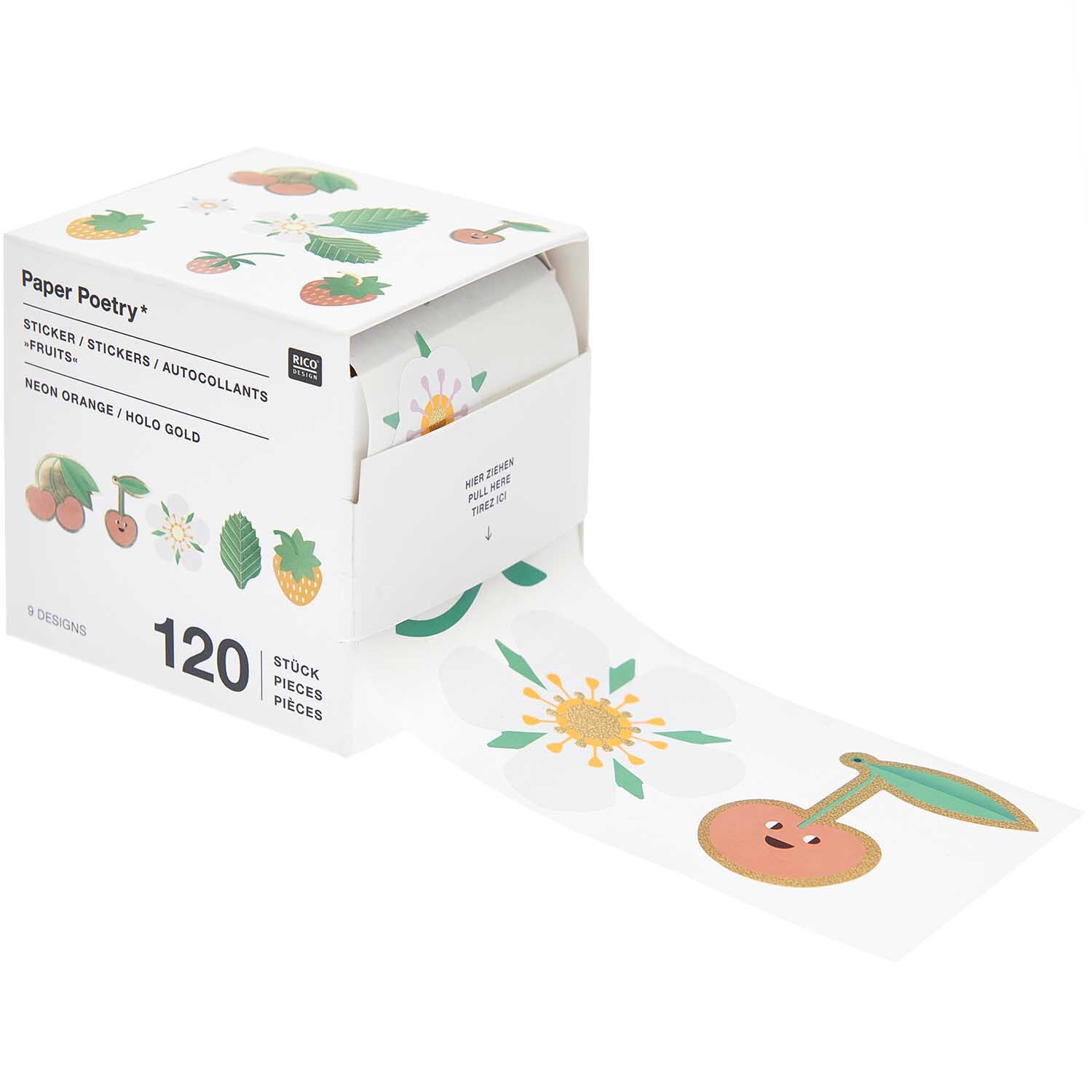 Paper Poetry Sticker Rolle mit Erdbeeren und Kirschen, 120 Stück, von Rico Design, in bunter Box.