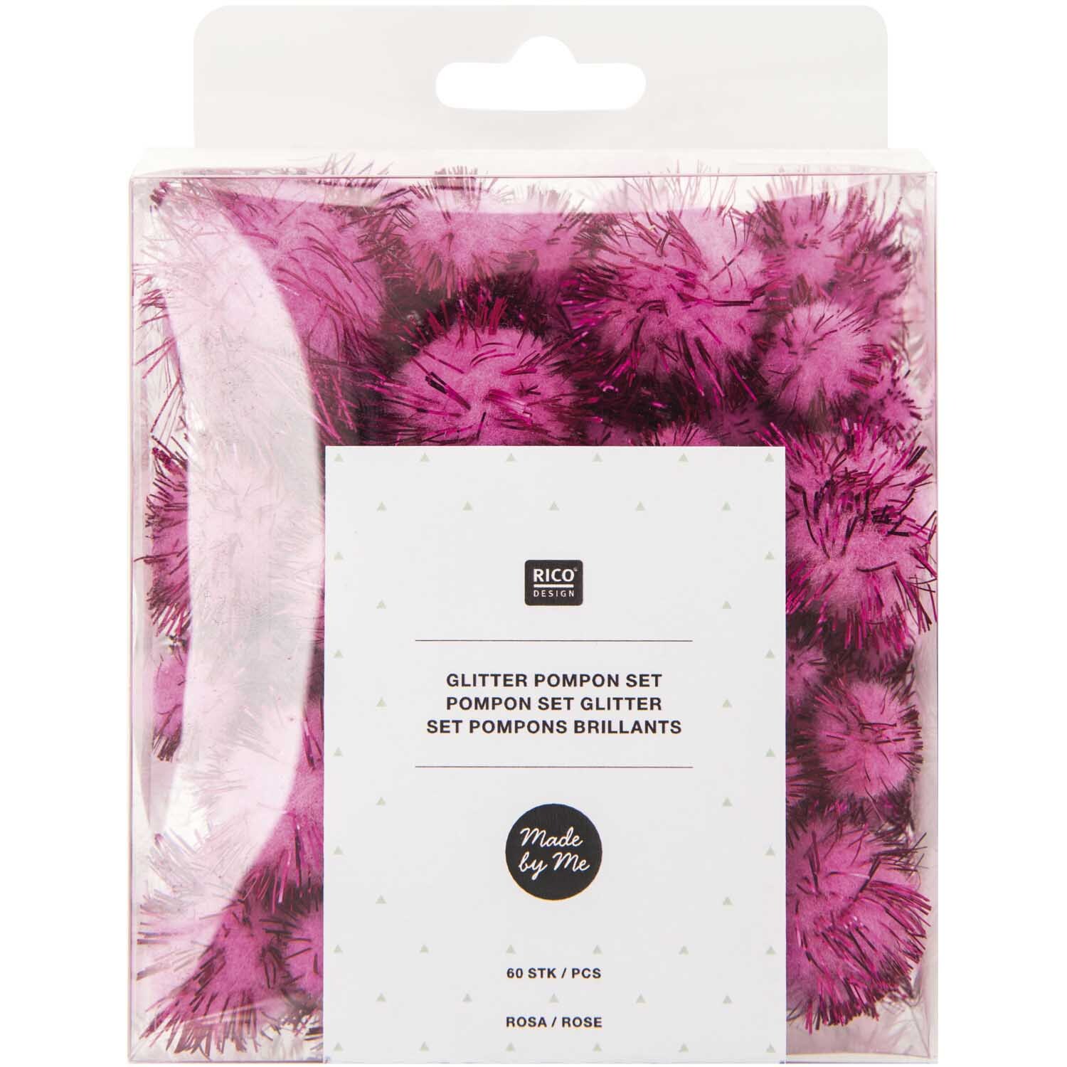 Glitter Pompons 63 Stück Farbe Rosa von Rico Design Glitter Pompons 63 Stück von Rico Design in einer transparenten Verpackung, ideal für kreative Bastelprojekte.