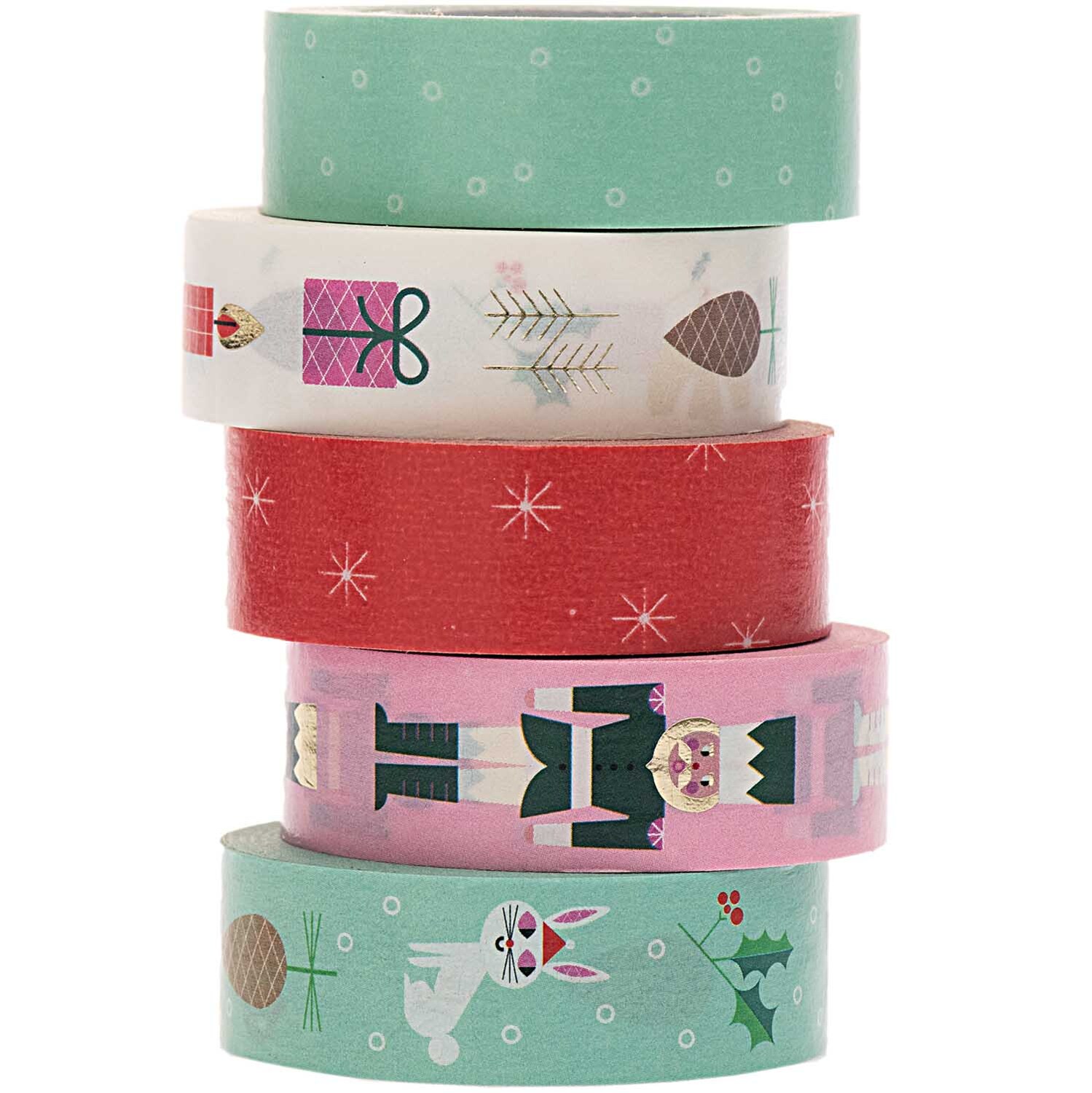 Paper Poetry Tape Set Weihnachtsmotive, 5-teilig, mehrfarbig. Dekorative Klebebänder mit festlichen Motiven, ideal für kreative Bastelprojekte.