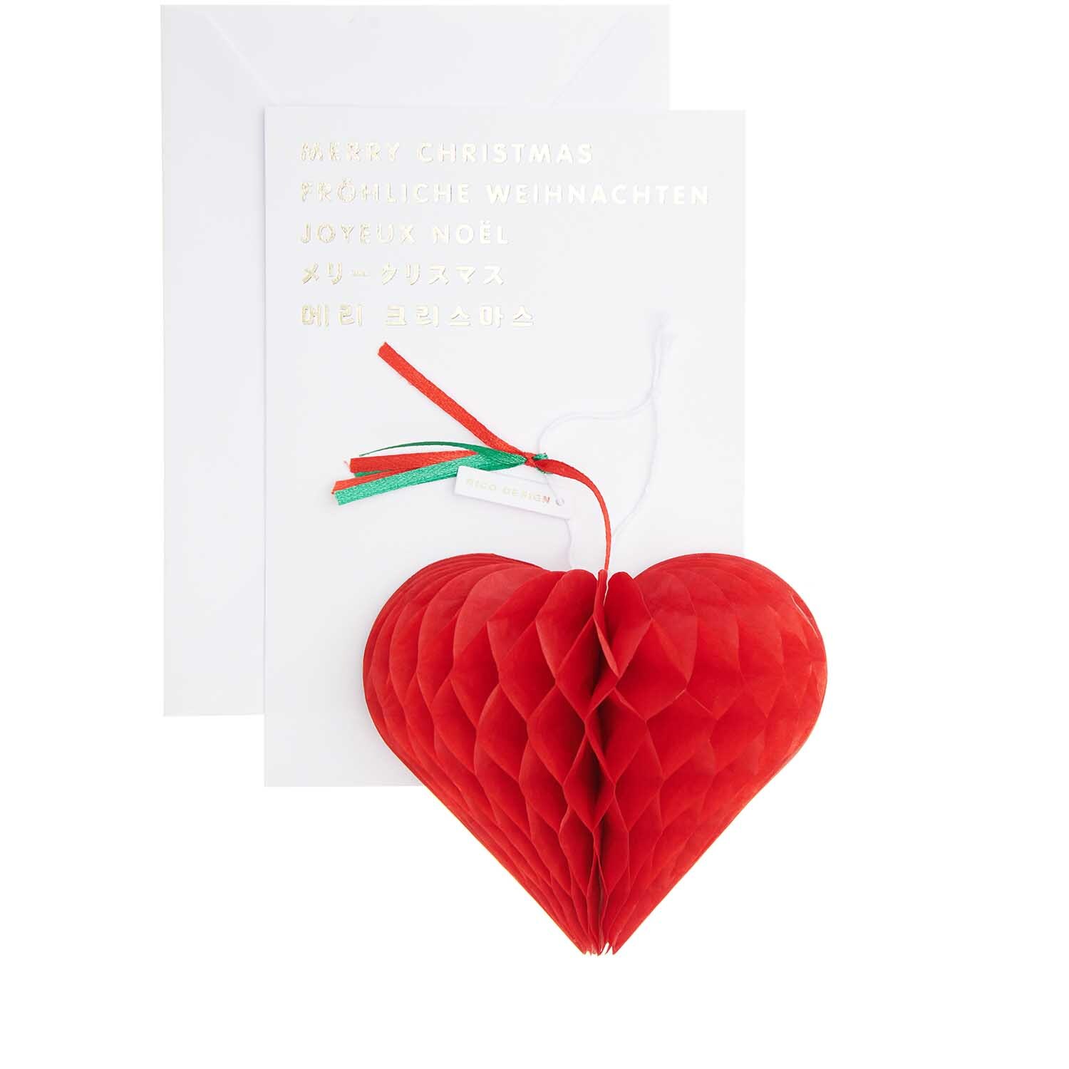 Paper Poetry Kartenset mit Pop-Up Anhänger zeigt ein rotes Herz vor einer weißen Karte. Ideal für festliche Grüße. Marke: Rico Design.