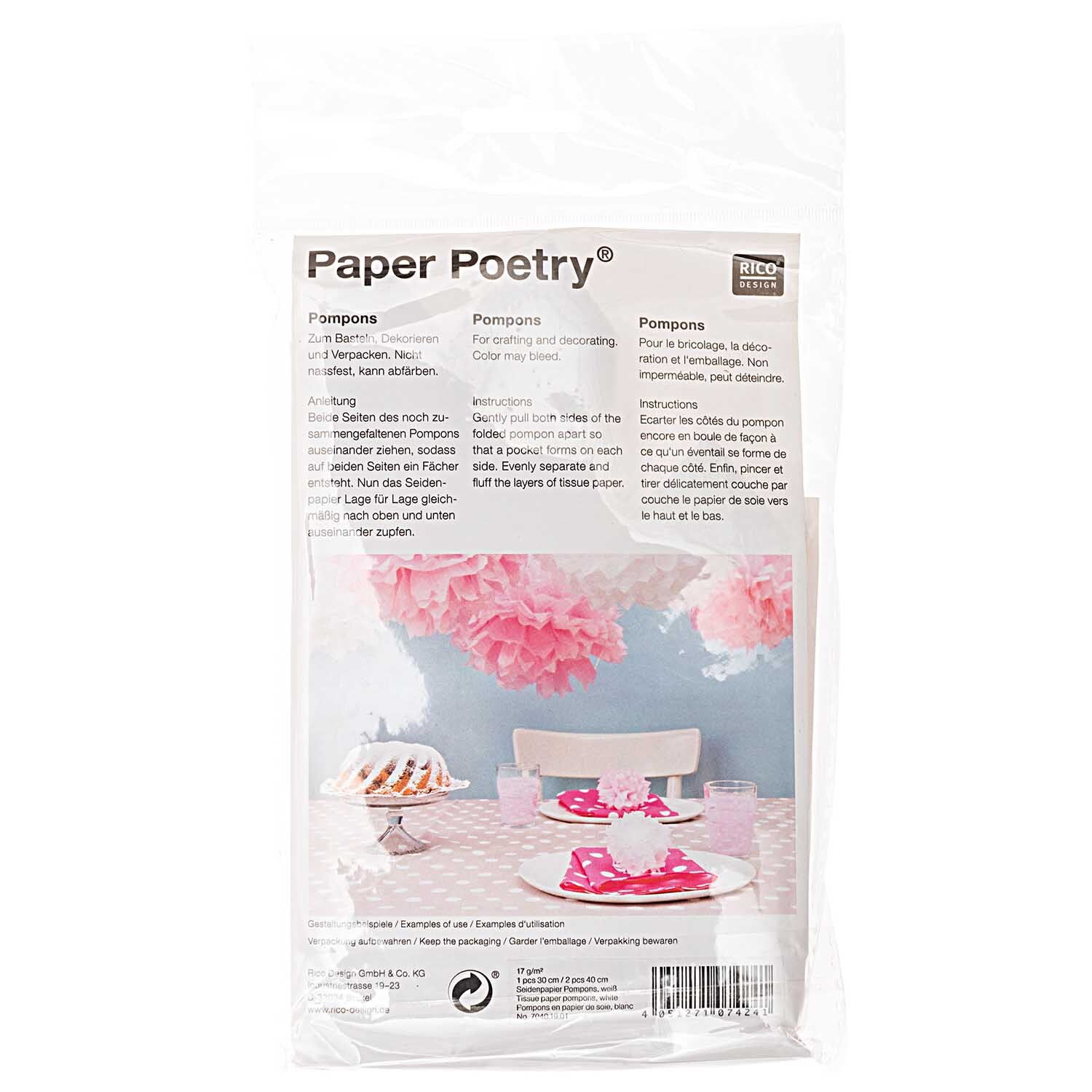 Seidenpapier Pompons 17g/m² 3 Stück Farbe Weiß von Rico Design Seidenpapier Pompons 17g/m² 3 Stück von Rico Design in einer Verpackung, ideal für Dekorationen.