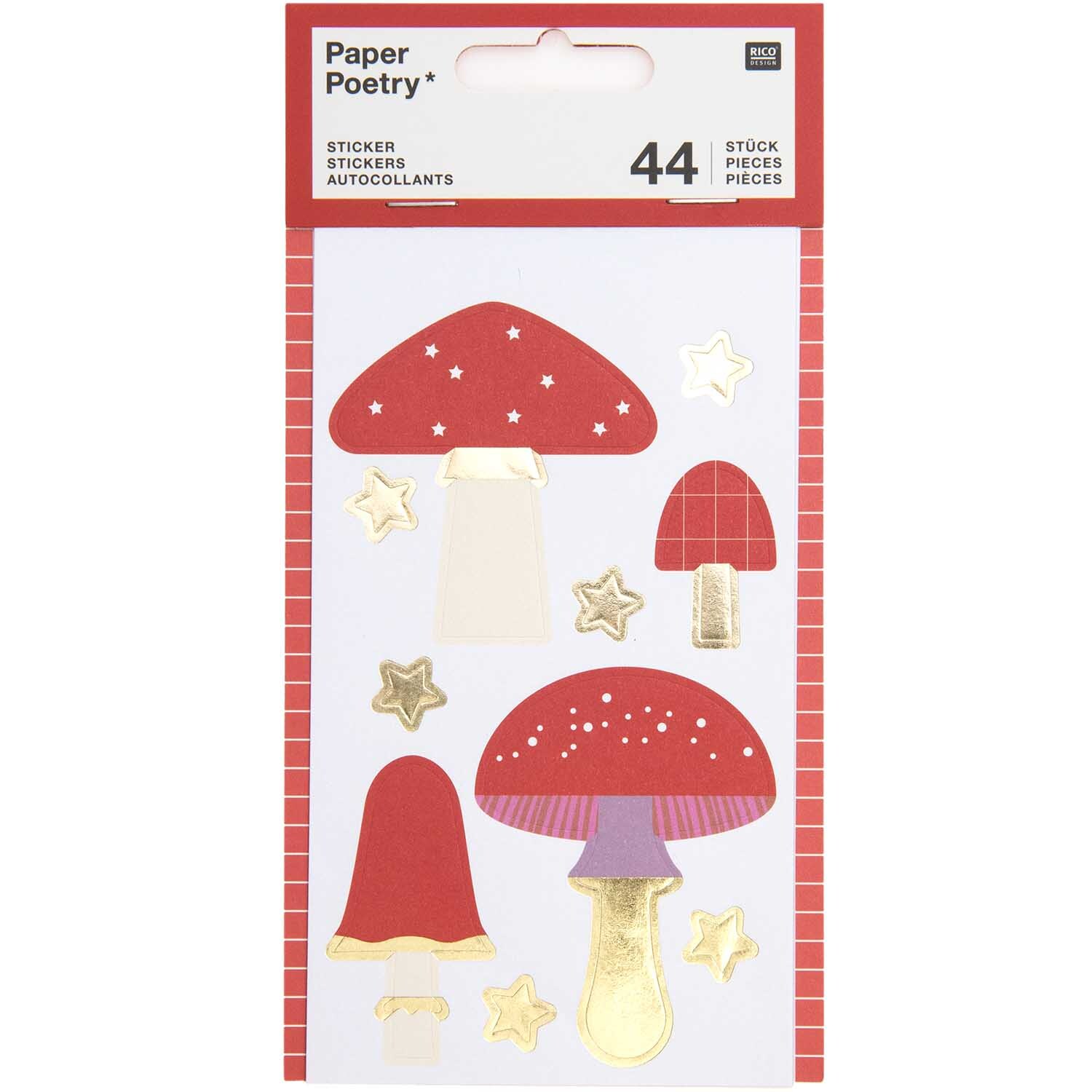Paper Poetry Sticker Pilze mit roten Pilzmotiven und goldenen Sternen von Rico Design auf vier Blättern.