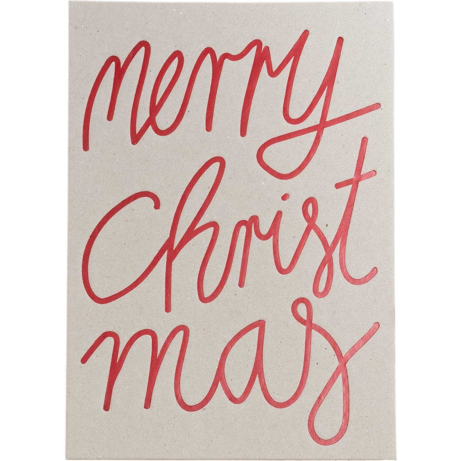 Postkarte Merry Christmas Graukarton rot B6 mit rotem Schriftzug auf grauem Karton. Ideal für festliche Grüße.
