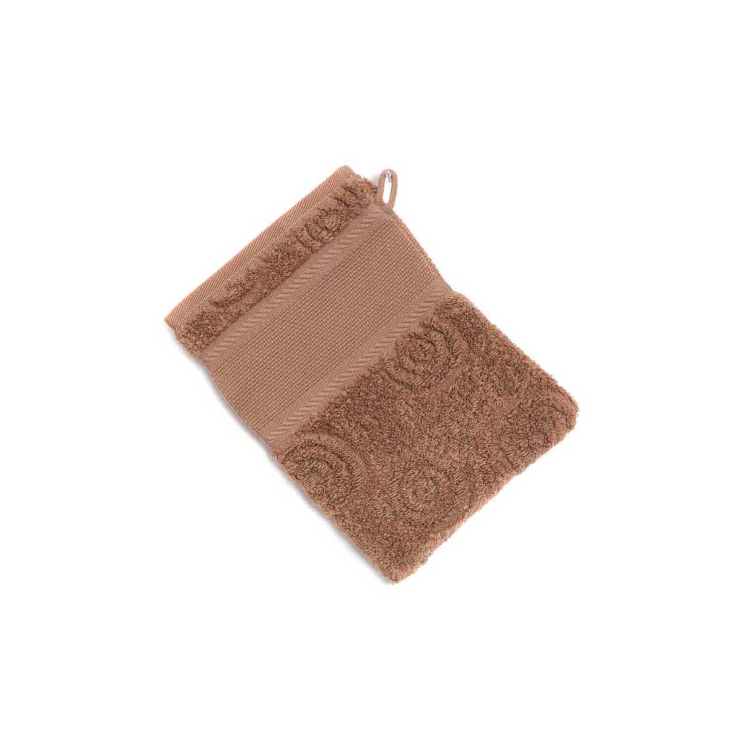 Waschhandschuh Kreise 15x21cm in Schoko von Rico Design, zeigt ein strukturiertes Muster auf weichem Stoff. Ideal für stilvolle Badezimmer.