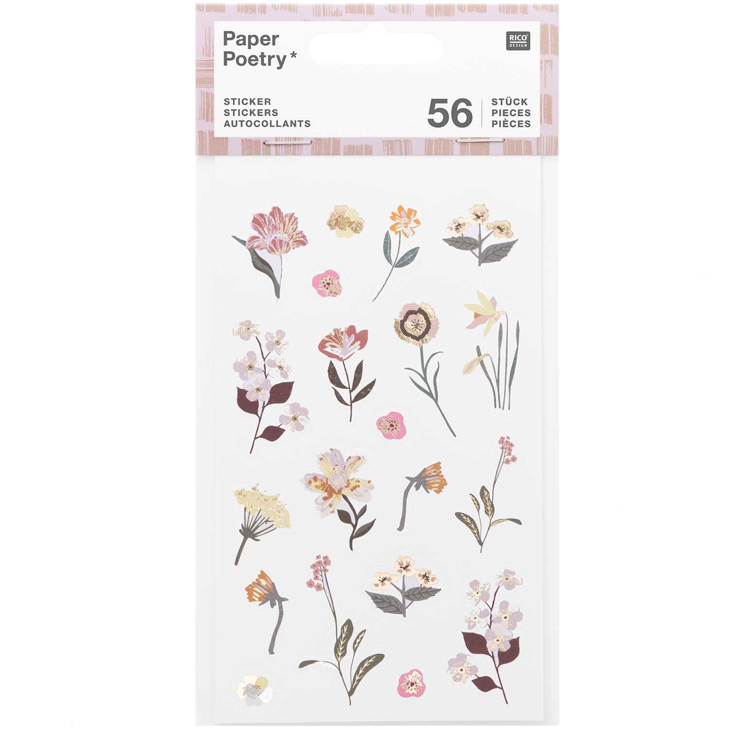 Paper Poetry Sticker Nature Matters zeigt florale Designs in sanften Tönen auf vier Blättern. Ideal für kreative Projekte. Marke: Rico Design.