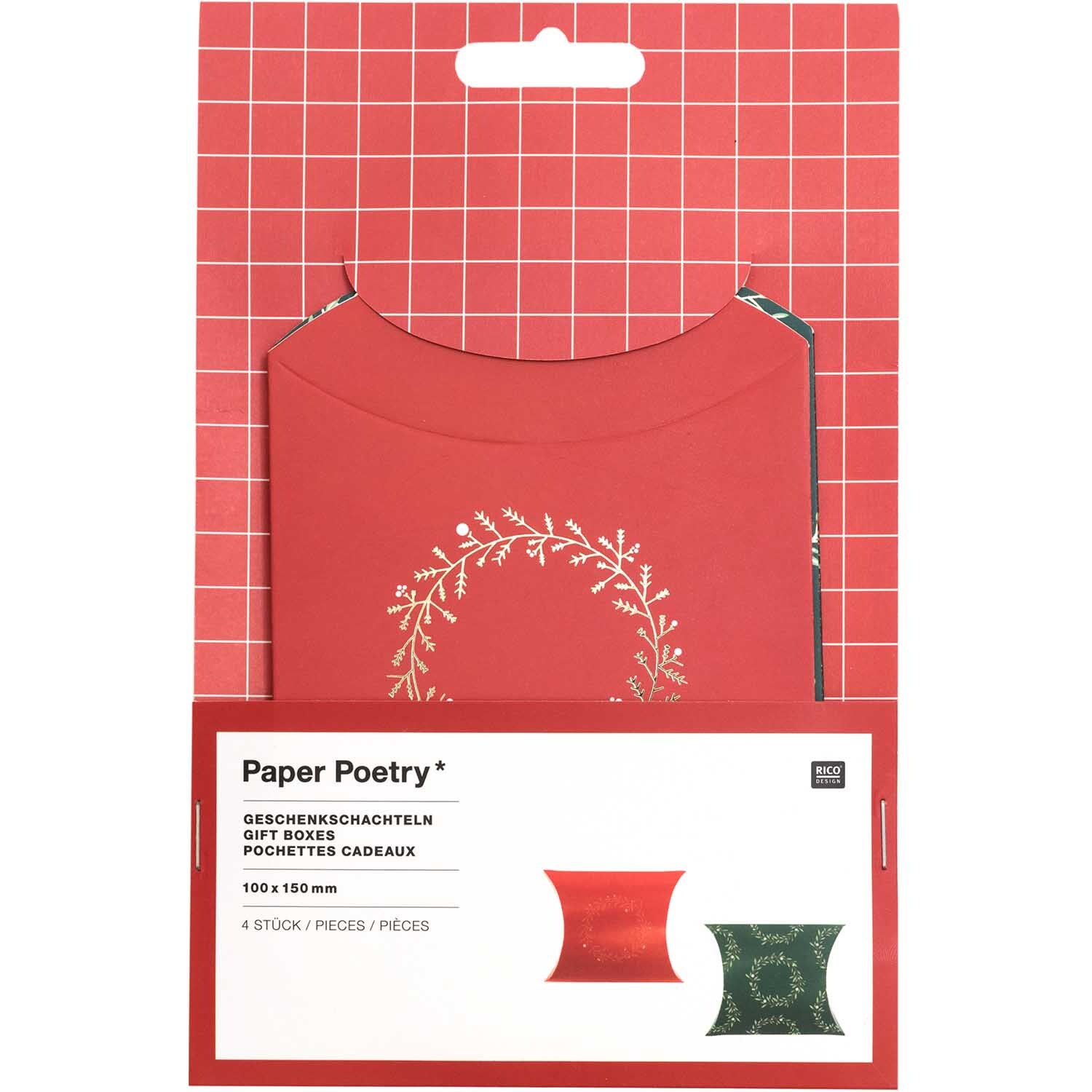 Paper Poetry Geschenkschachtel Kränze klein 4 Stück, dekorative Boxen mit Kranzmotiv, ideal für Geschenke, von Rico Design, in Rot und Grün.