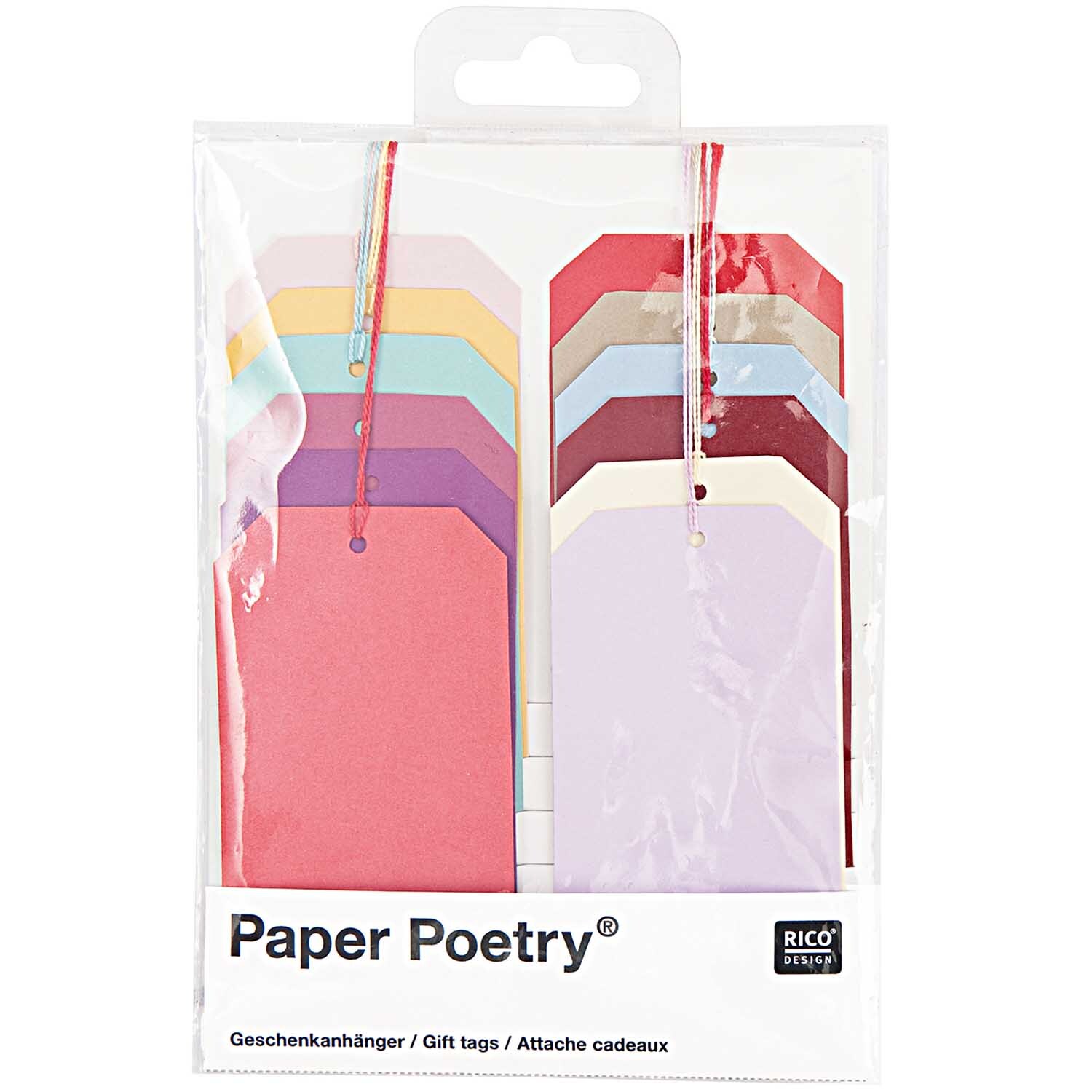 Paper Poetry Geschenkanhänger in verschiedenen Farben, 12 Stück von Rico Design, in transparenter Verpackung.