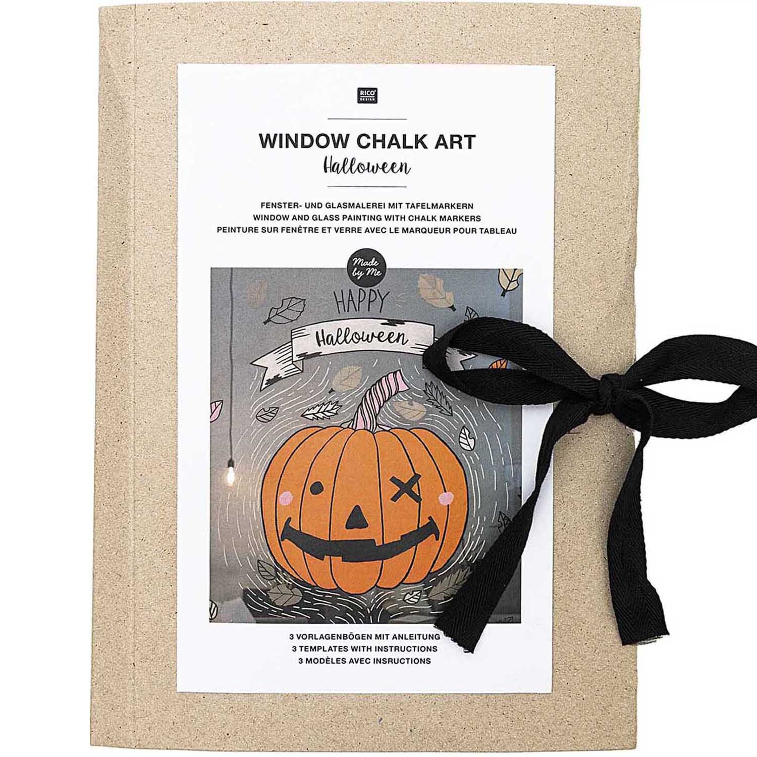 Vorlagenmappe Halloween Fenster- und Glasmalerei mit Kreidestiften zeigt Kürbisdesign mit Schleife. Ideal für kreative Dekorationen.