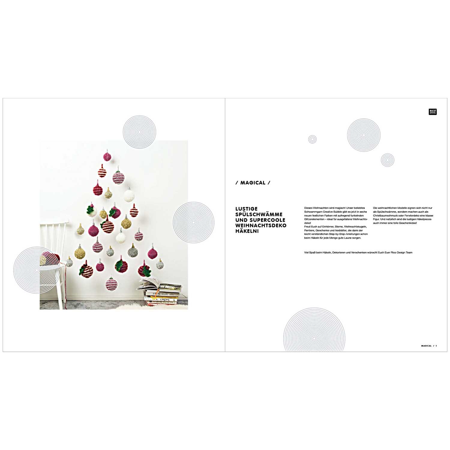 Creative Bubble - Magical X-MAS: Weihnachtsbaum aus bunten Kugeln an der Wand, dekoriert von Rico Design.