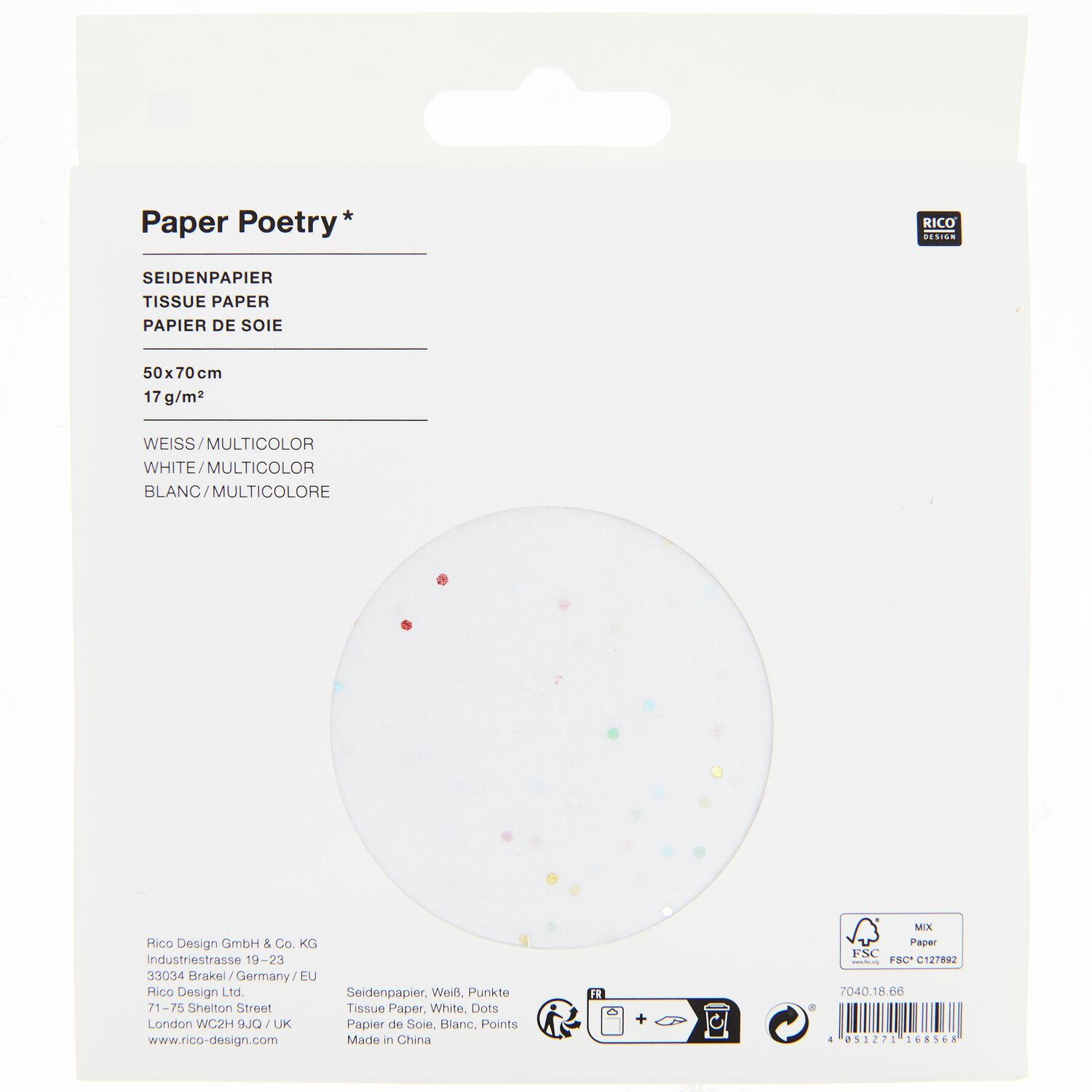 Paper Poetry Seidenpapier Punkte 50x70cm 17g/m² 5 Bogen Farbe Weiß Multi von Rico Design Paper Poetry Seidenpapier mit bunten Punkten, 50x70cm, 17g/m², 5 Bögen von Rico Design.
