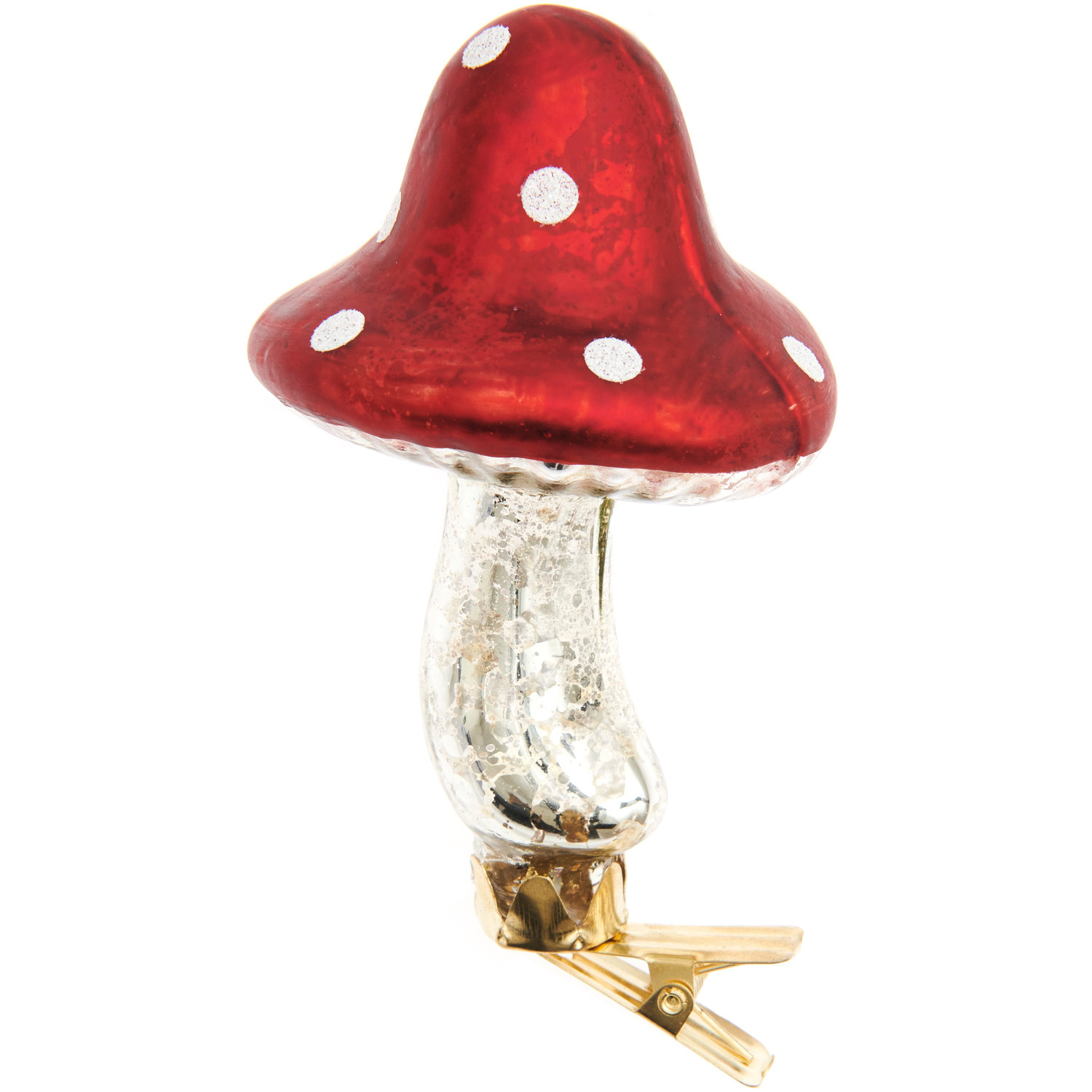 Glas-Clip Fliegenpilz spitz Antik: Dekorativer, roter Pilz aus Glas mit Clip, ideal für festliche Dekorationen. Maße: 5,7x5,7x10,5cm.