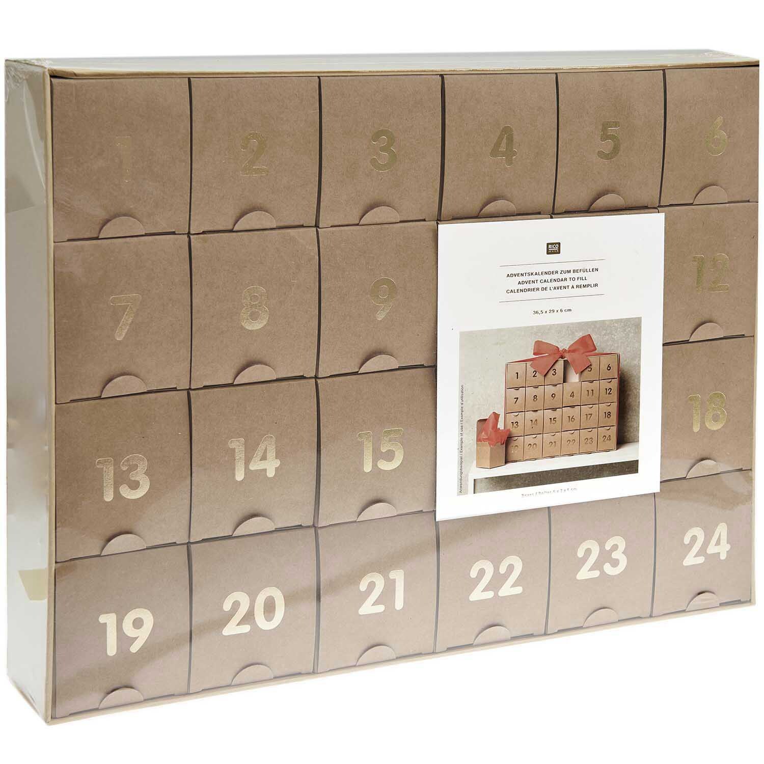 Adventskalender zum Befüllen 36,5x29x6cm Farbe Kraftpapier-Gold von Rico Design Adventskalender zum Befüllen aus Kraftpapier mit goldenen Zahlen, Marke Rico Design, 24 Fächer.