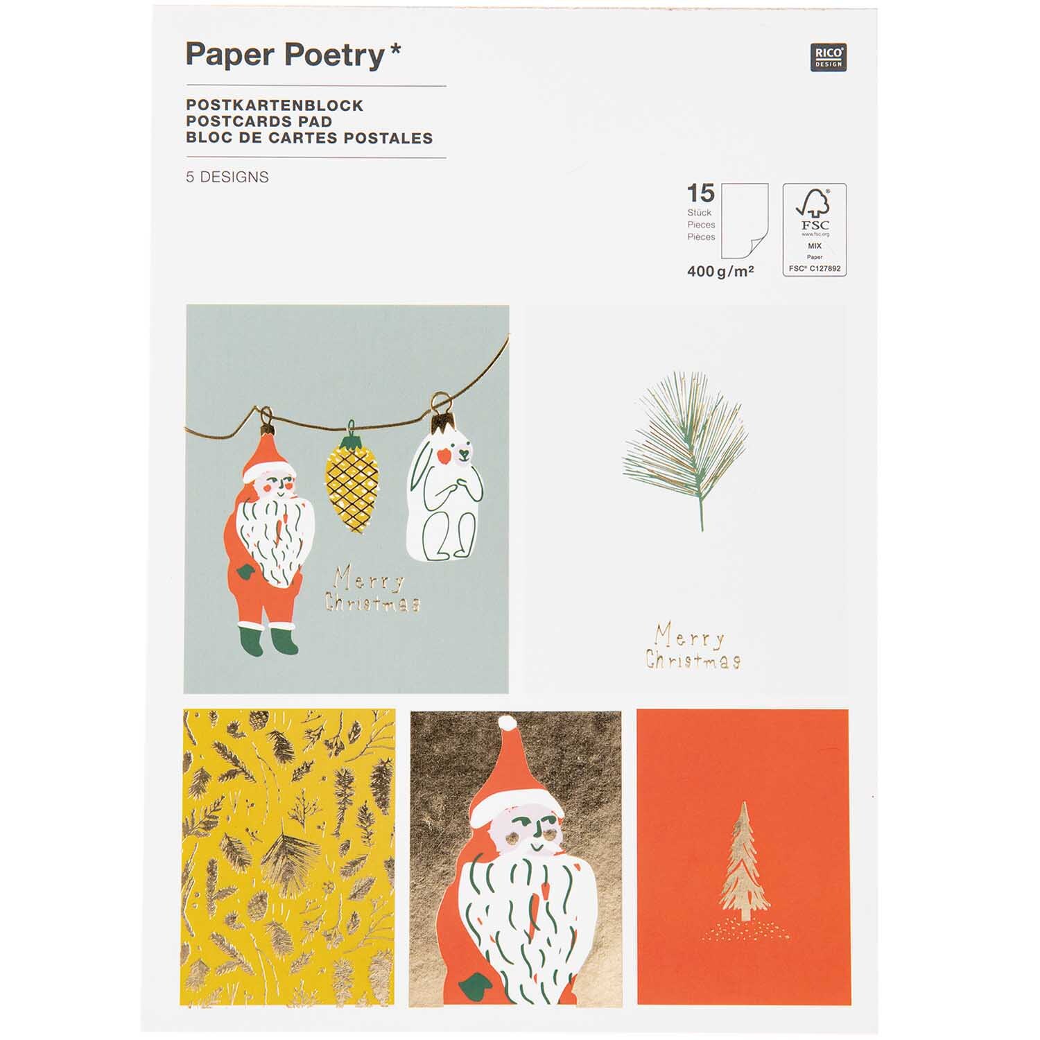 Paper Poetry Postkartenblock mit nostalgischen Weihnachtsmotiven, darunter Weihnachtsmann und Tannenbaum, von Rico Design.