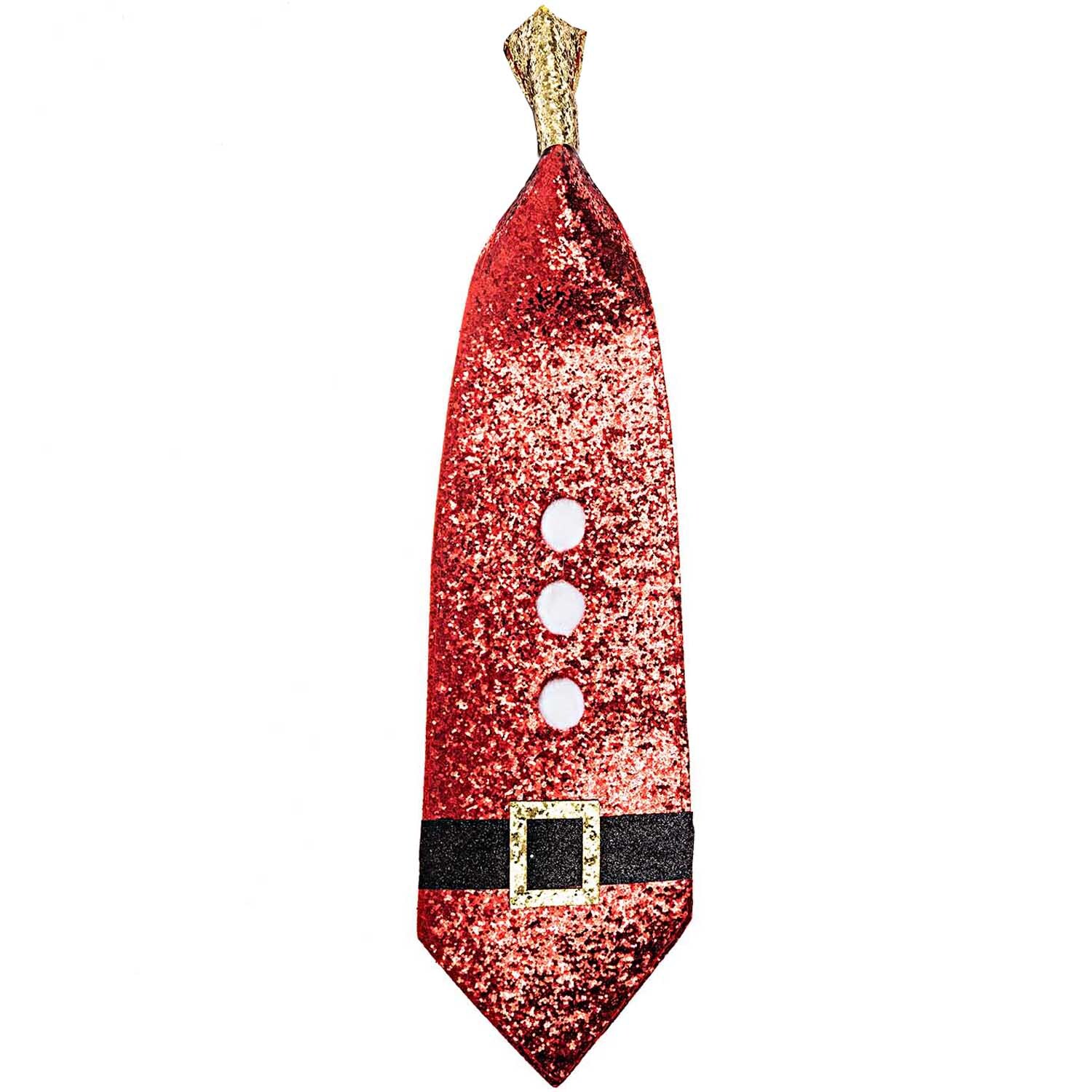 Krawatte Christmas: Glänzende rote Krawatte mit weißem Knopfdesign und schwarzem Gürtel von Rico Design.