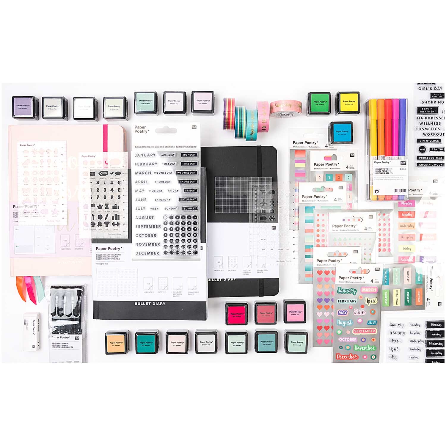 Paper Poetry Bullet Diary Schablonen-Set mit vielfältigen Designs und Zubehör für kreatives Planen. Enthält Schablonen, Stempel und Washi-Tapes.