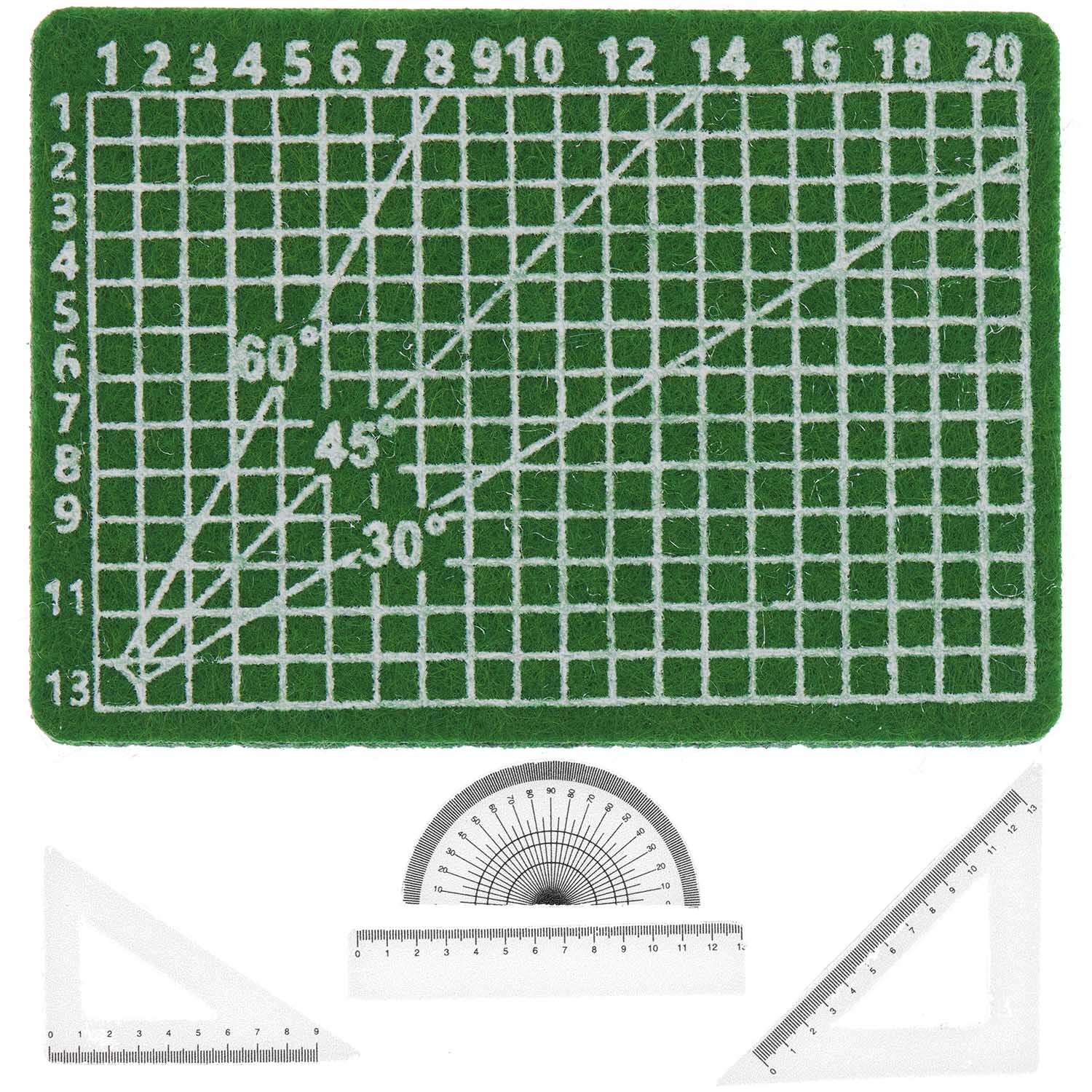 Miniatur Schneidematte mit Linealen, grün, 5-teiliges Set mit Winkelmesser und Dreiecken. Ideal für präzises Schneiden und Messen.