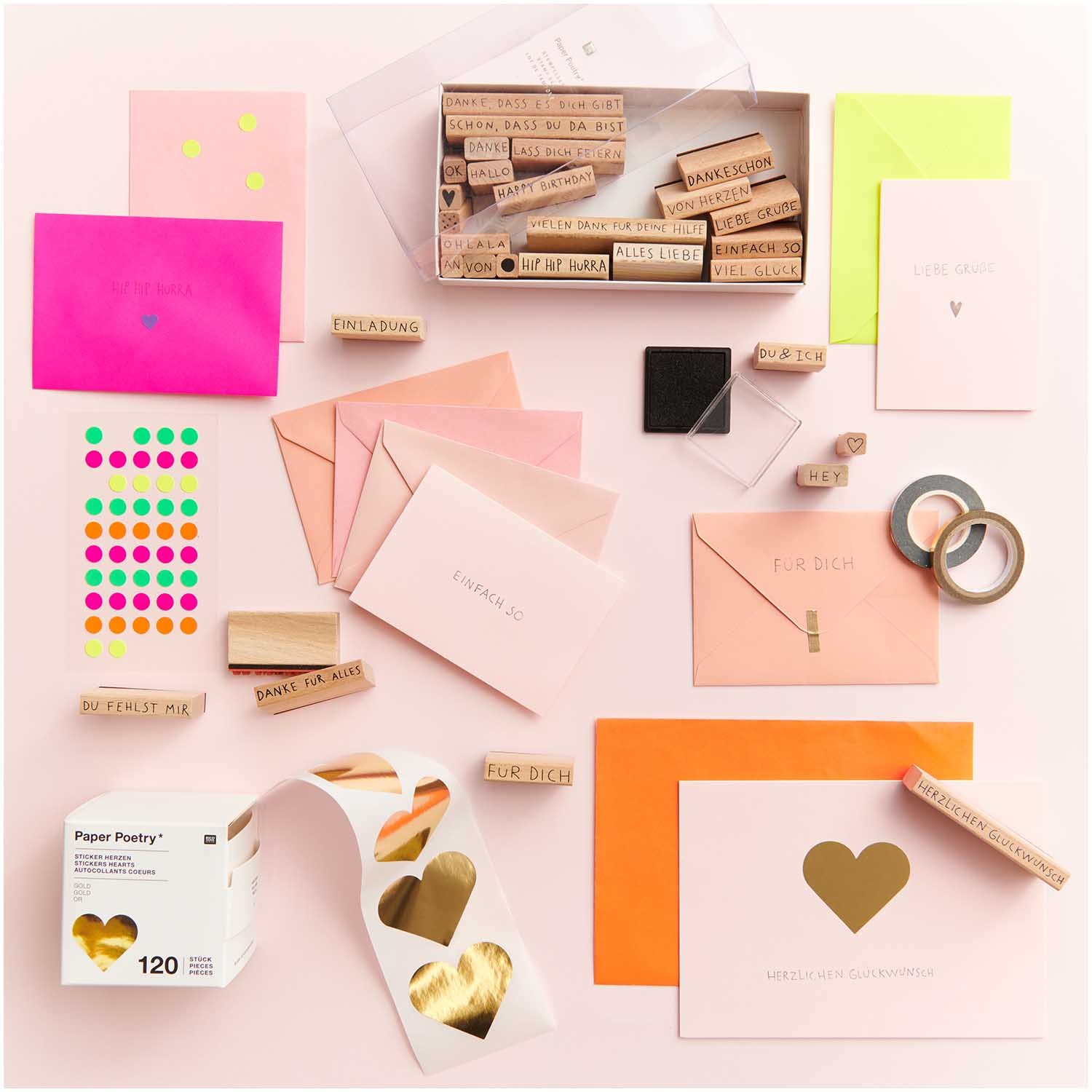 Paper Poetry Kartenset Sakura Mix B6/B6: Kreatives Set von Rico Design mit bunten Karten, Umschlägen und Stempeln, ideal für Bastelprojekte.