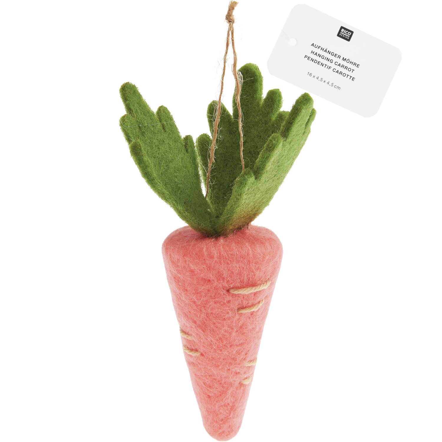 Aufhänger Möhre Filz 16x4,5x4,5cm Farbe Apricot von Rico Design Aufhänger Möhre Filz in Apricot von Rico Design, mit grünen Blättern, ideal für Dekorationen.