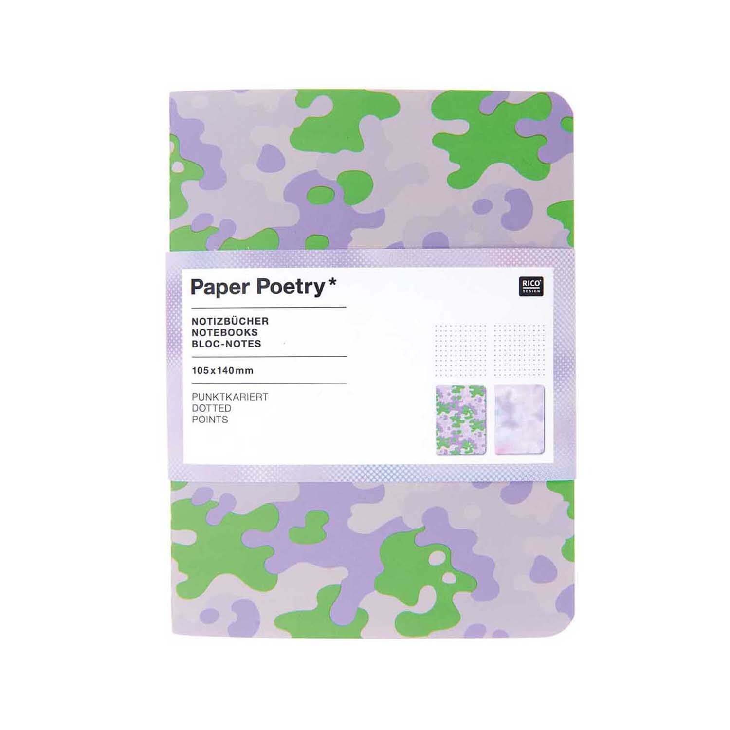 Paper Poetry Notizbücher A6 mit camouflage-blurry Muster in Grün und Lila von Rico Design.