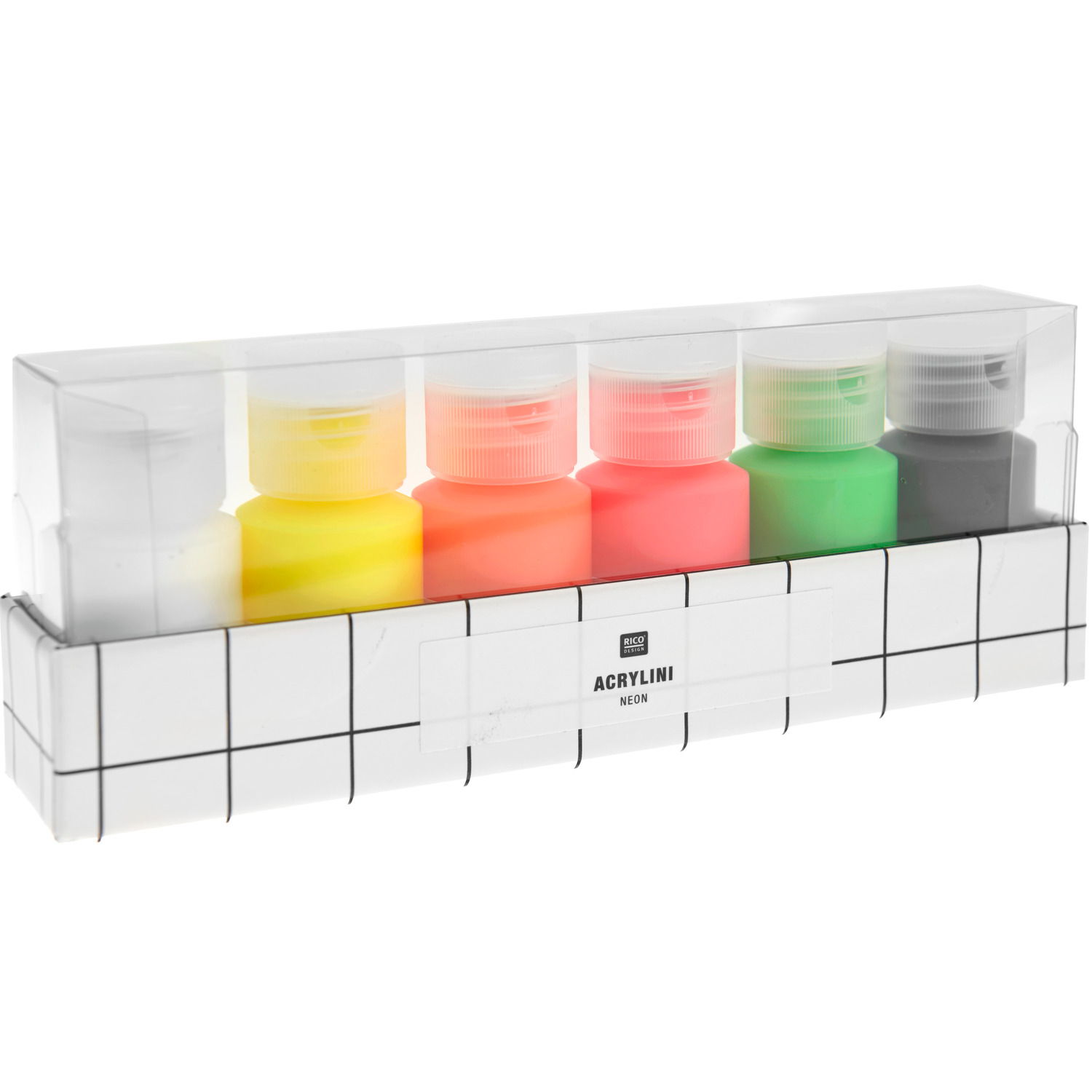 Acrylini Acrylfarben Set Neon mit sechs leuchtenden Farben in 22ml Tuben von Rico Design.